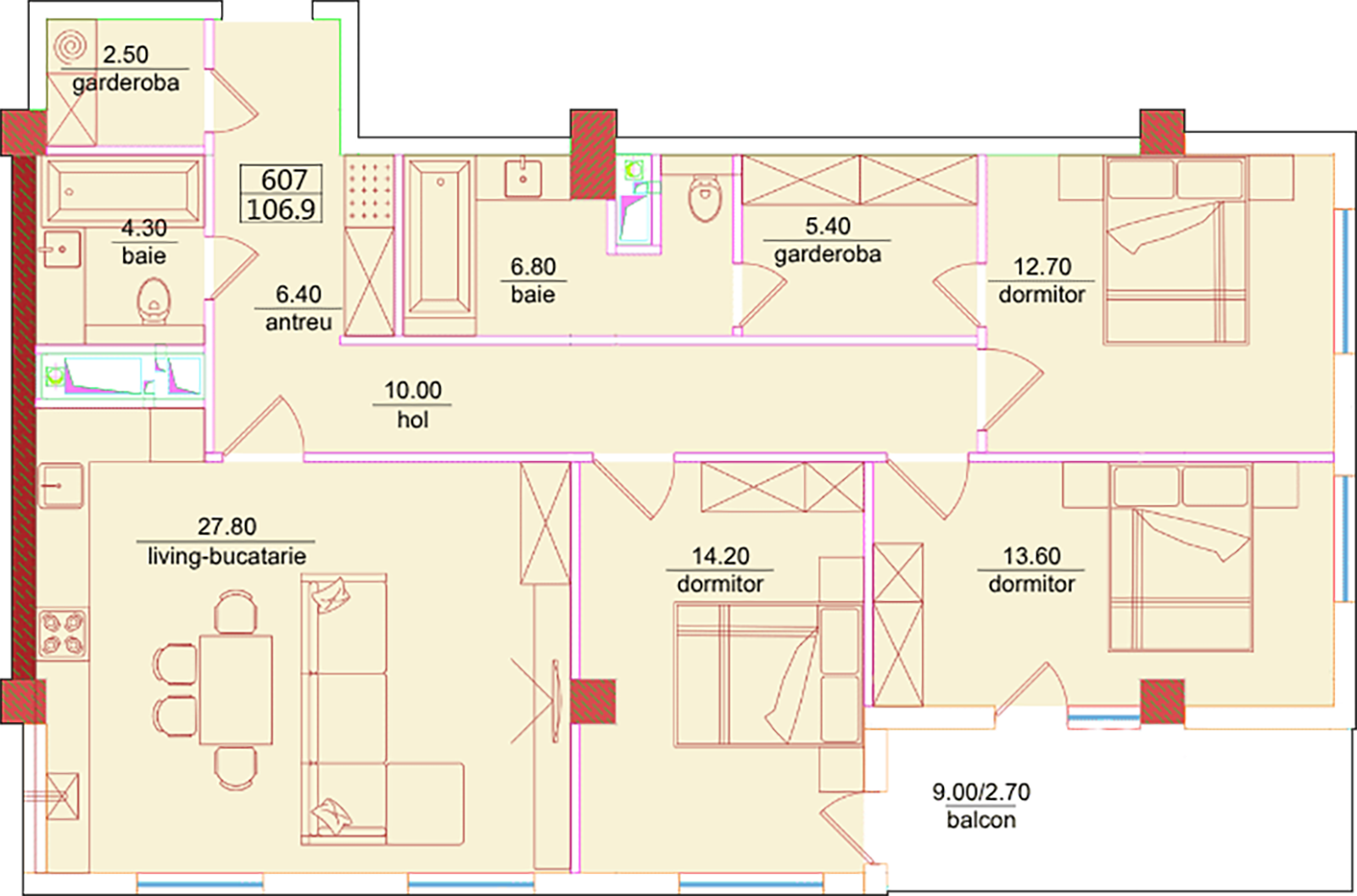 3 camere 107 m²