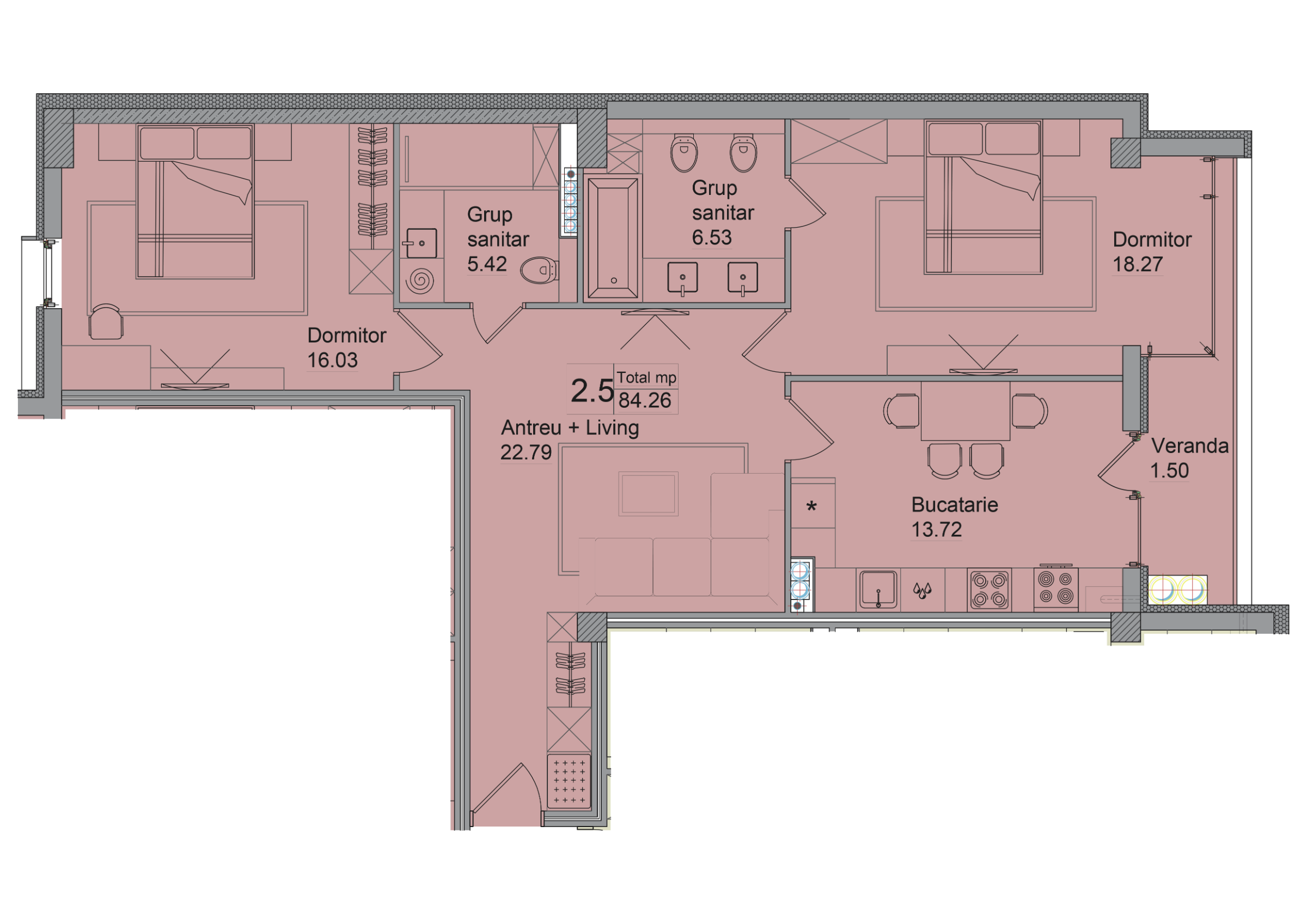 3 camere 84 m²