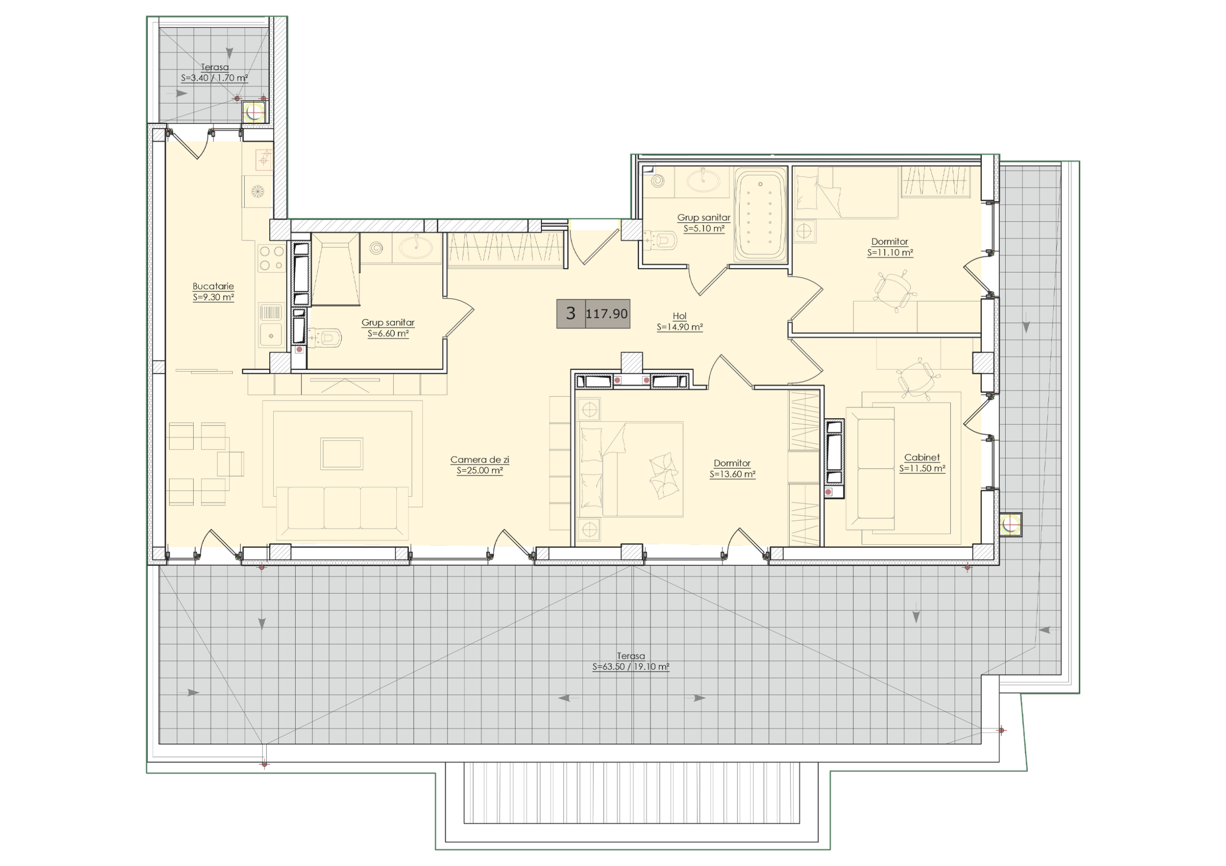 3 camere 118 m²