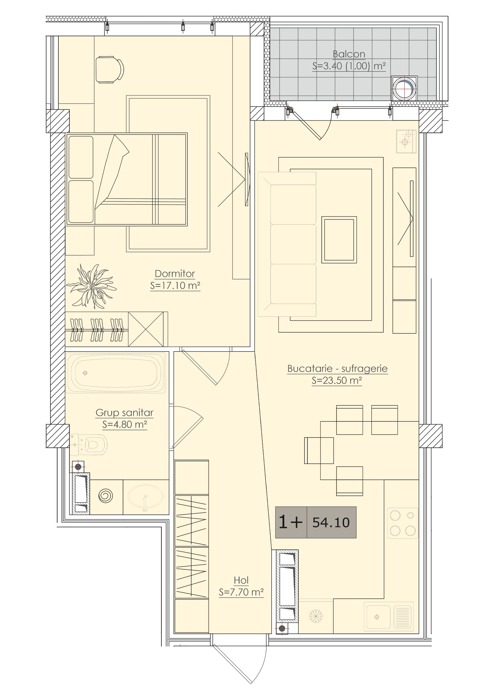 1 cameră 54 m²