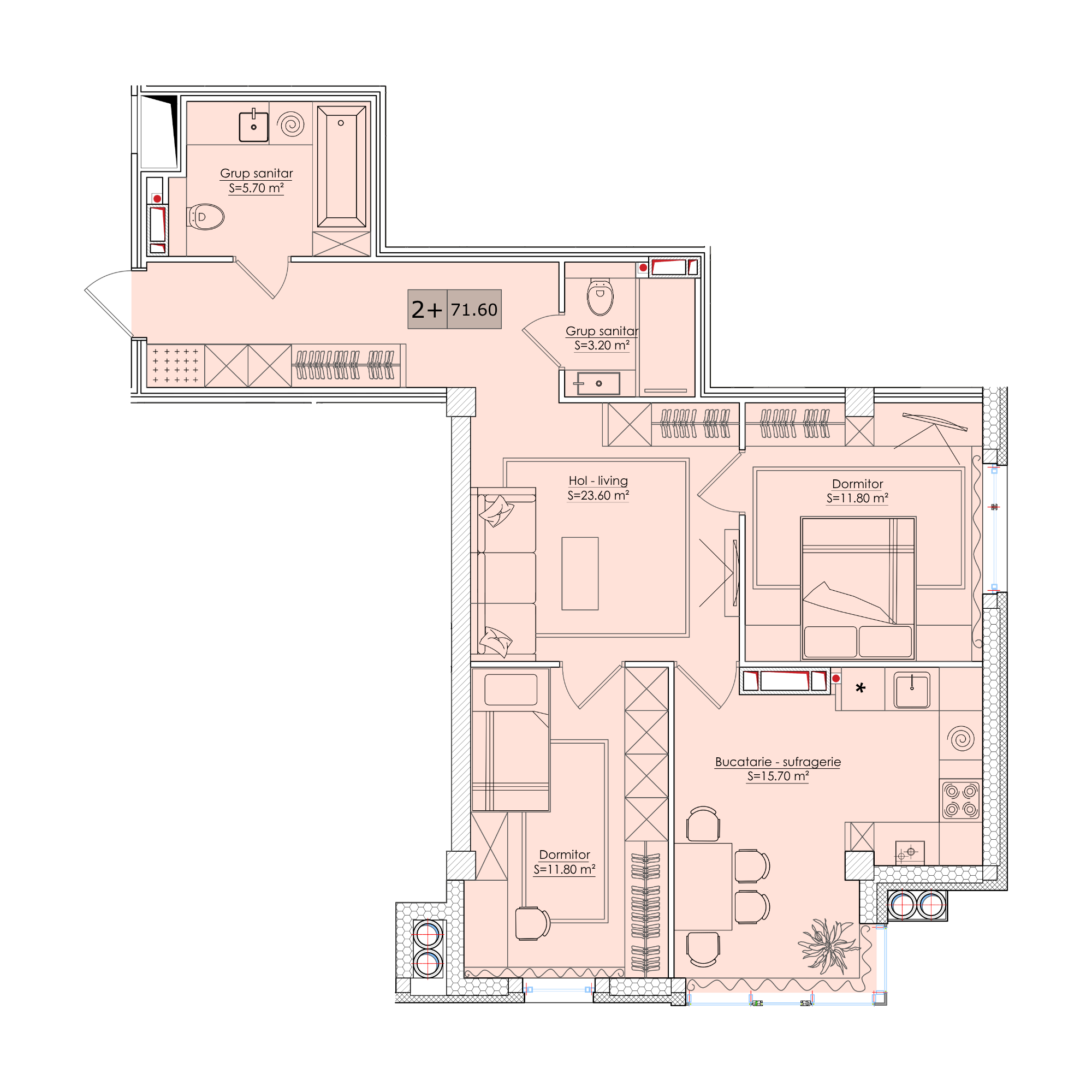 2 camere 72 m²