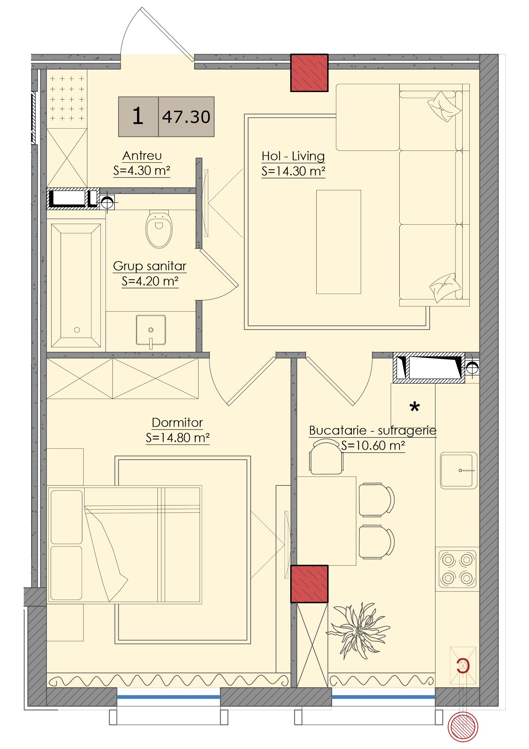 1 cameră 47 m²