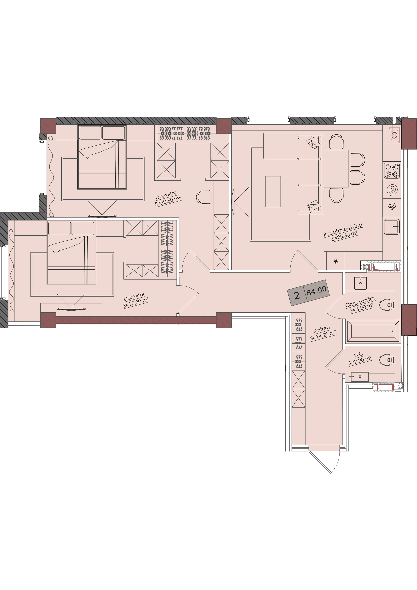 2 camere 84 m²