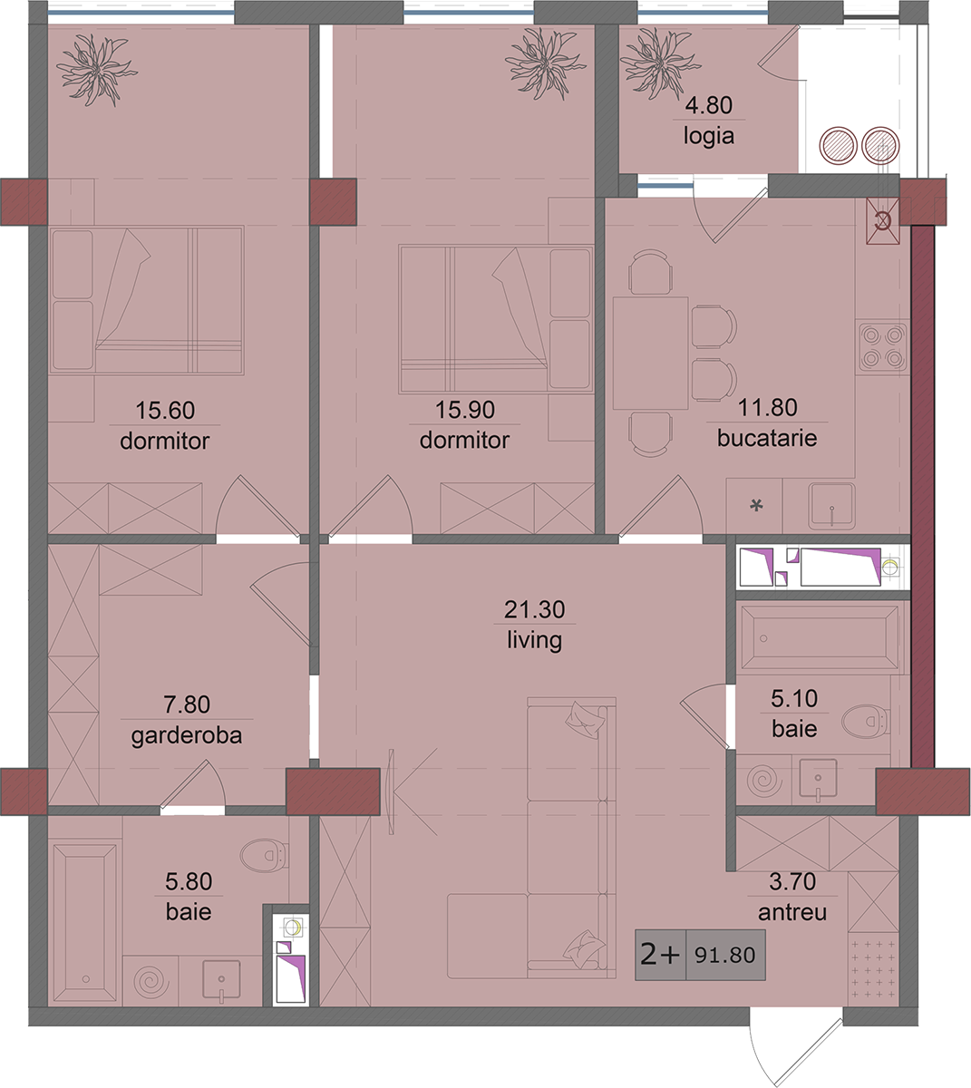 2 camere 90 m²