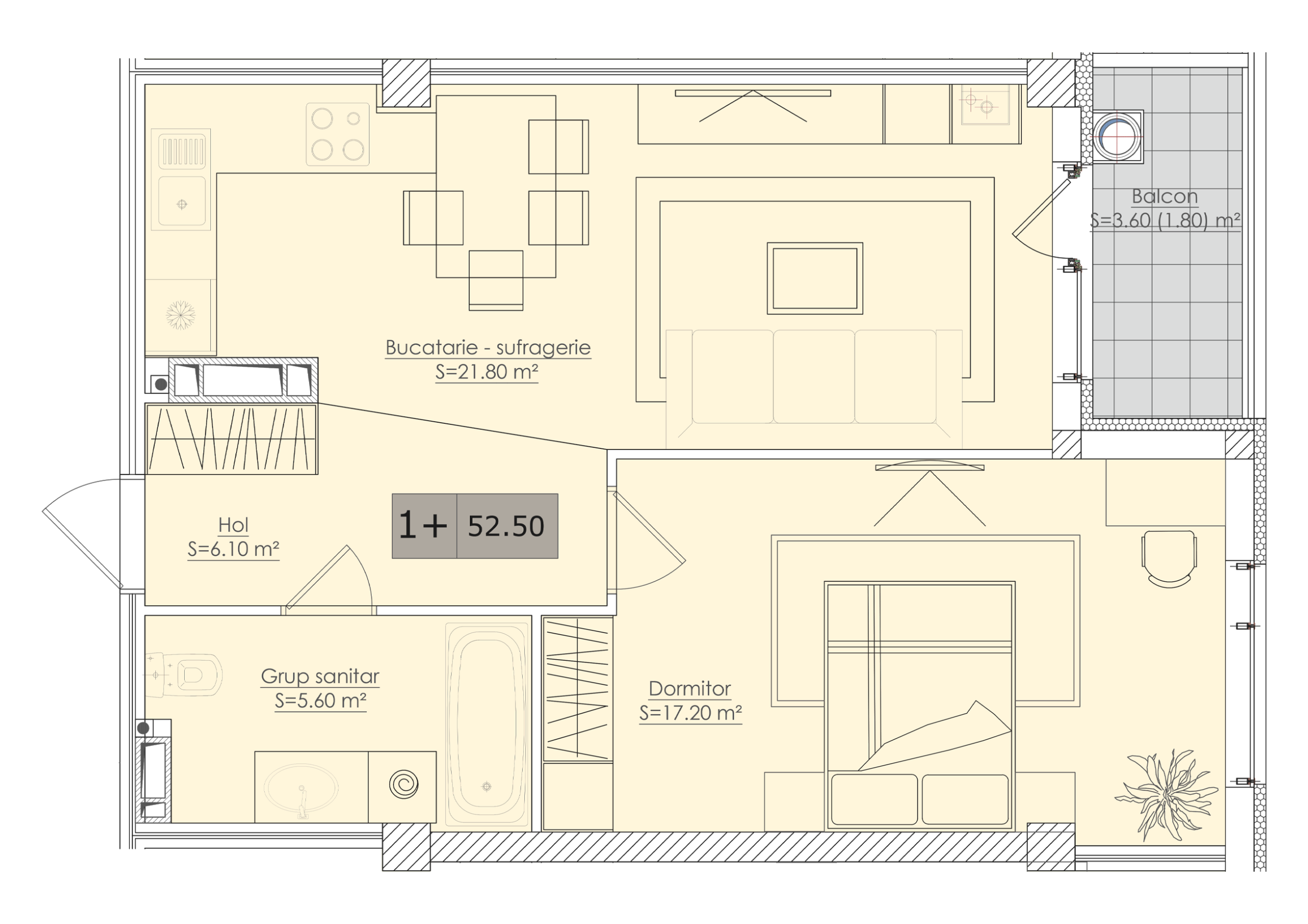 1 cameră 53 m²
