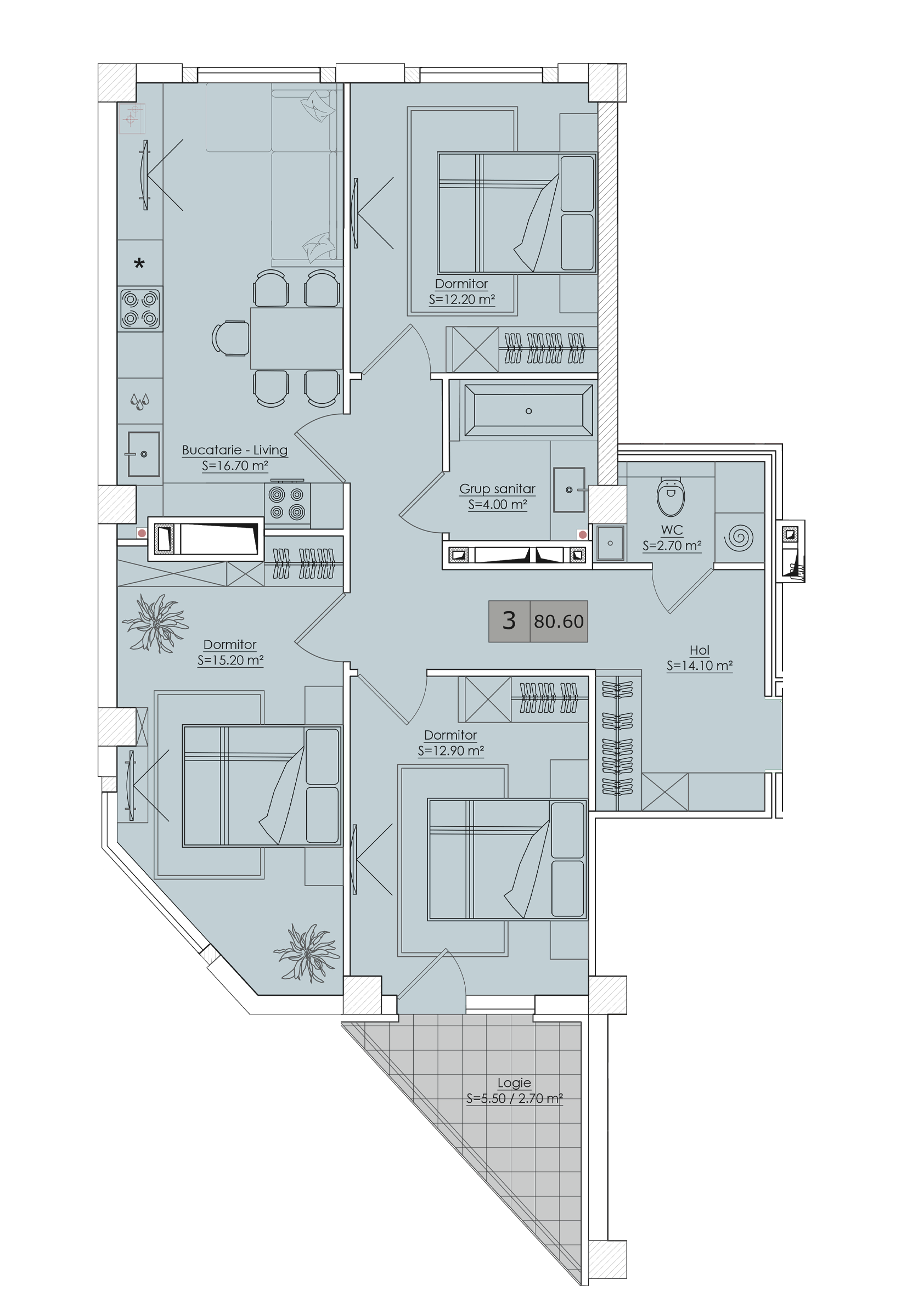 3 camere 81 m²