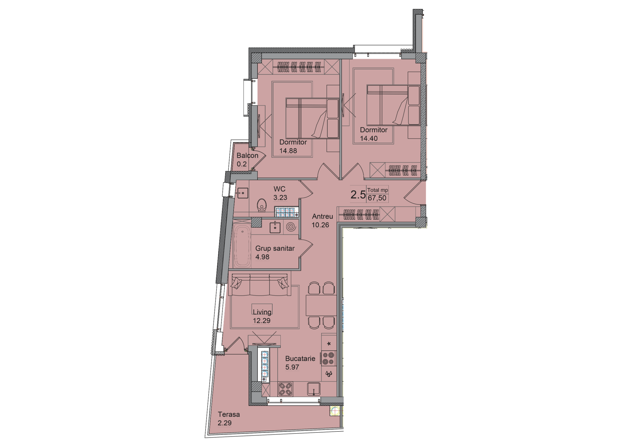 3 camere 66 m²
