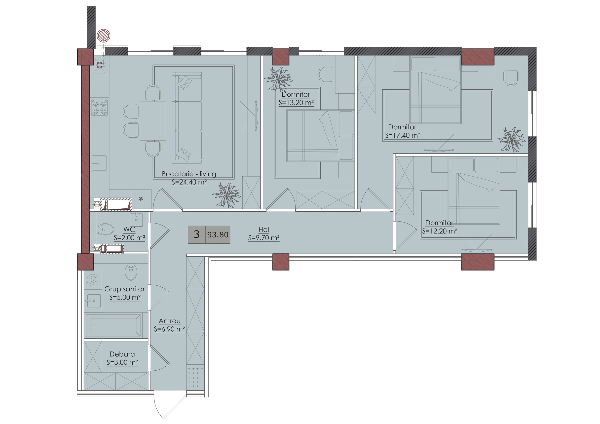 3 camere 94 m²