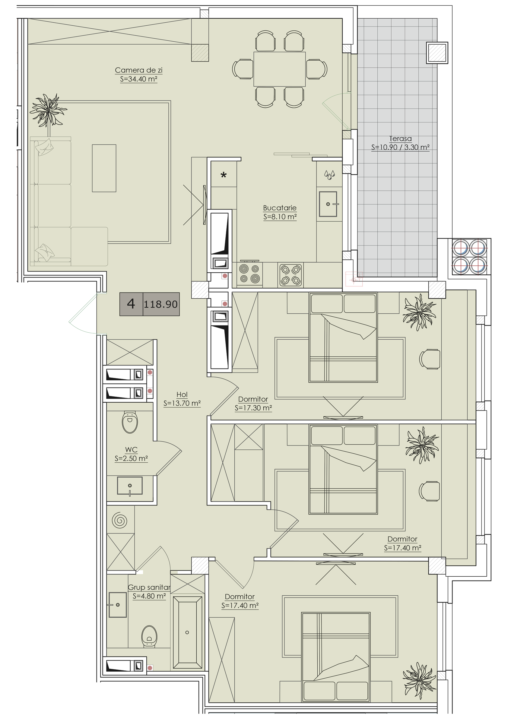 4 camere 119 m²