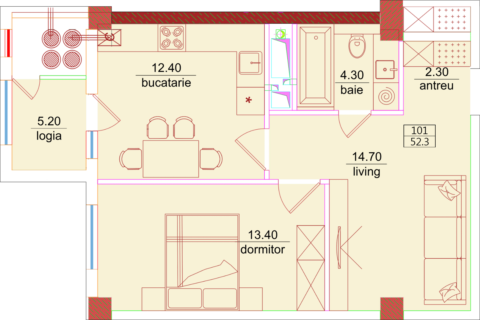 Planimetrie · 1 cameră · 52 m²