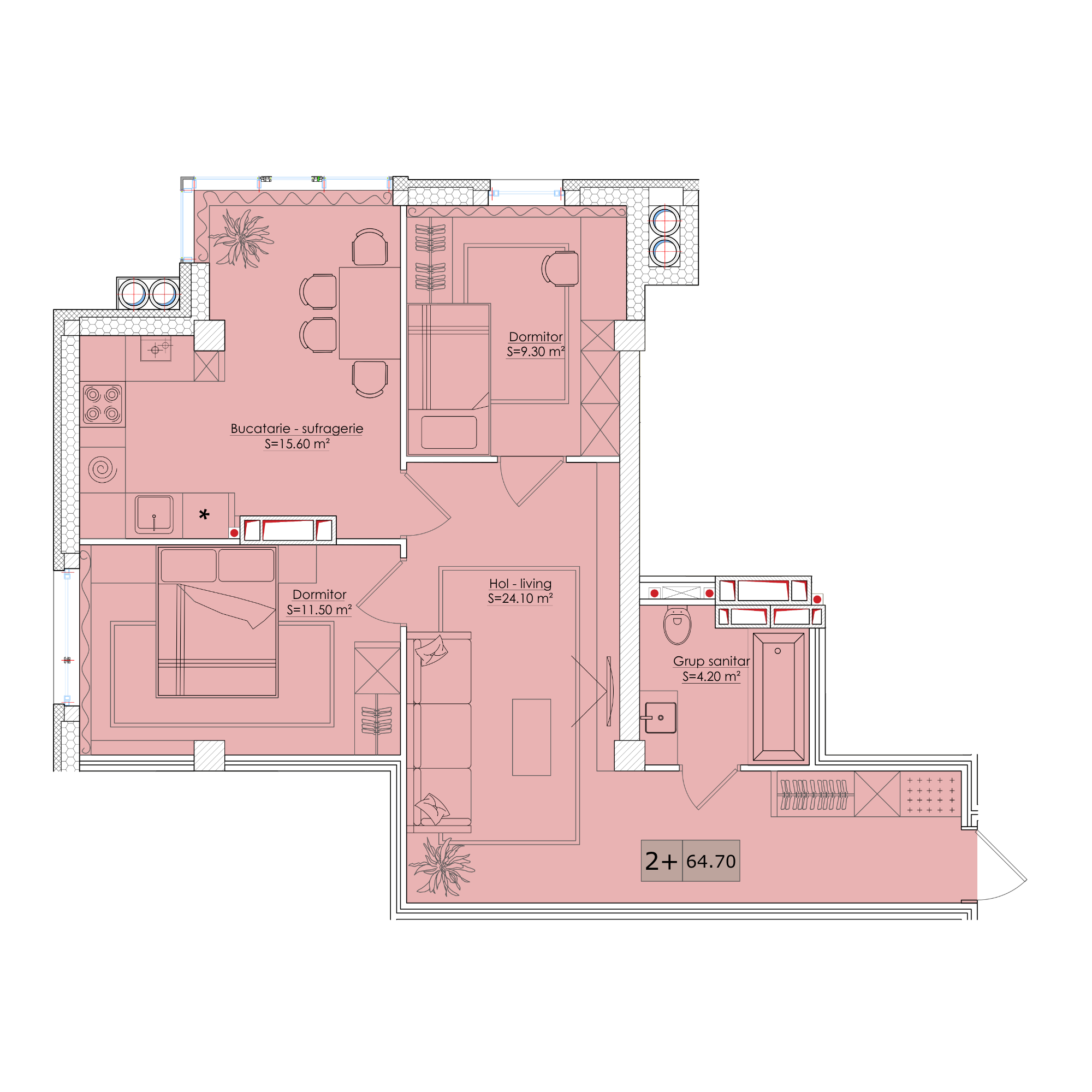 1 cameră 65 m²