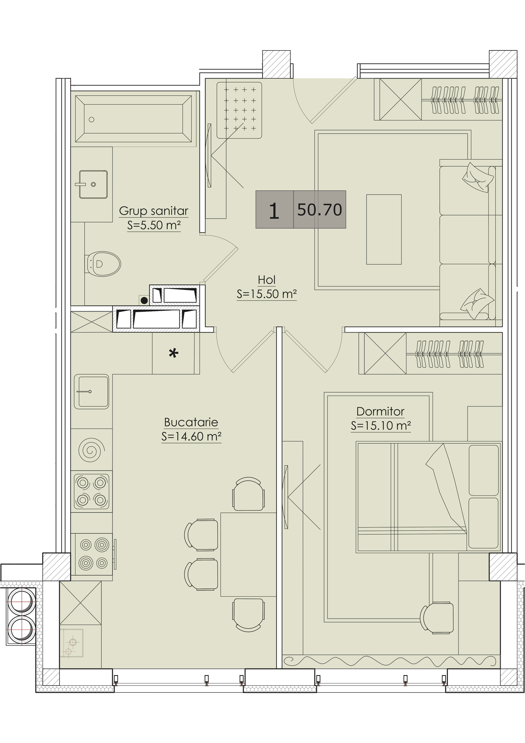 1 cameră 51 m²