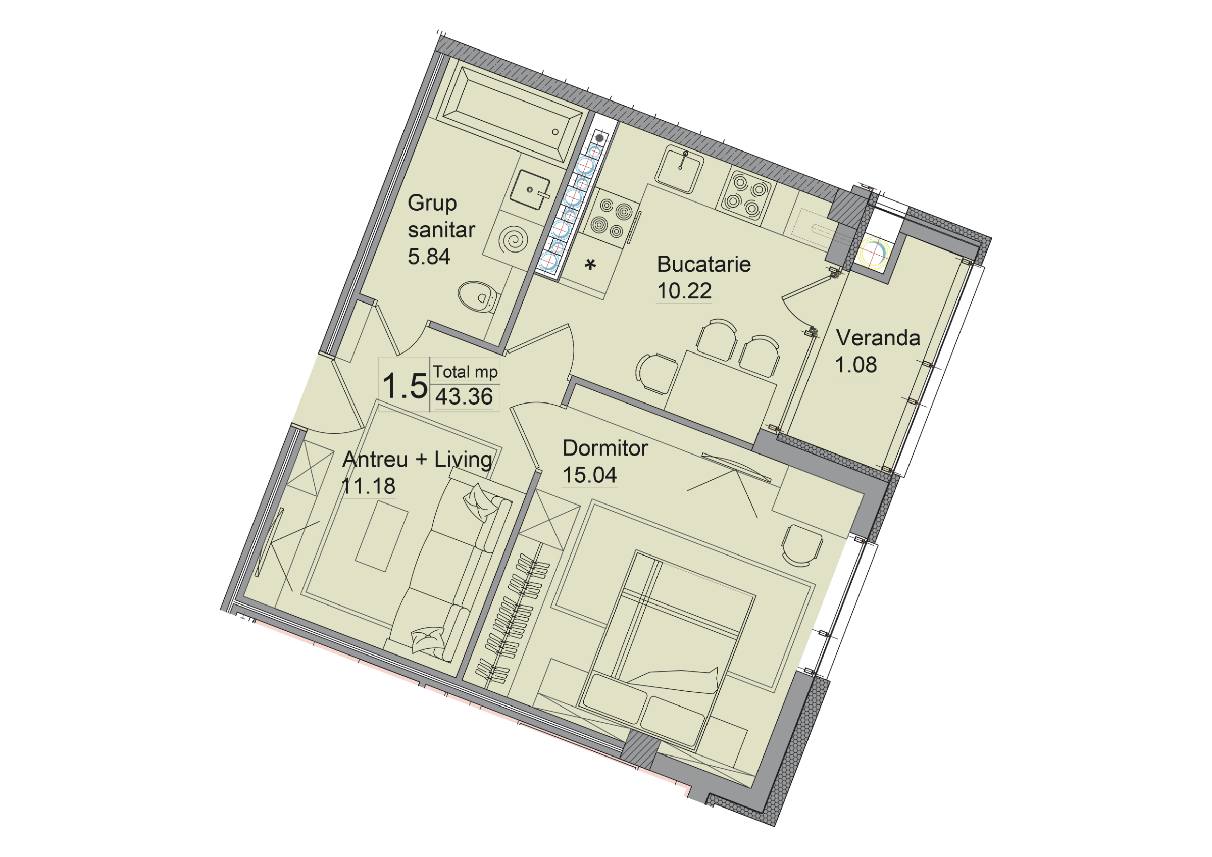 1 cameră 44 m²