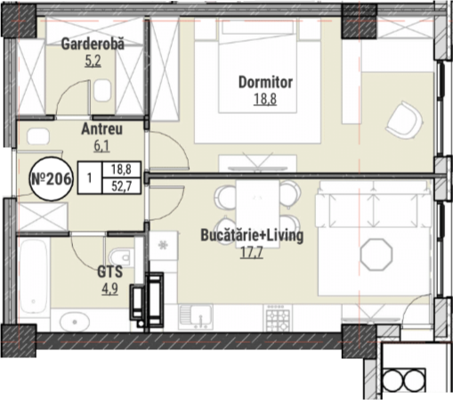 1 cameră 53 m²