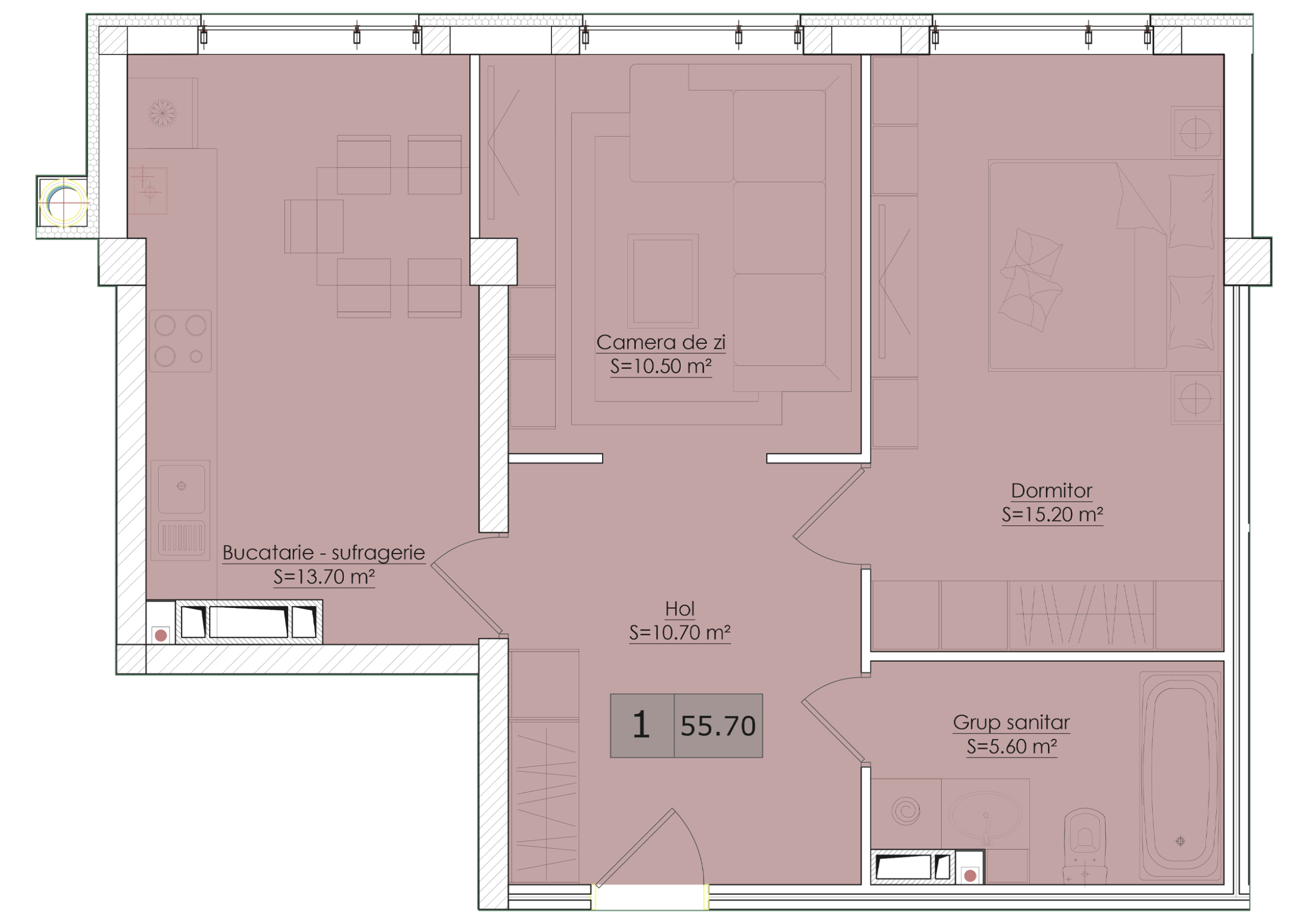 1 cameră 56 m²