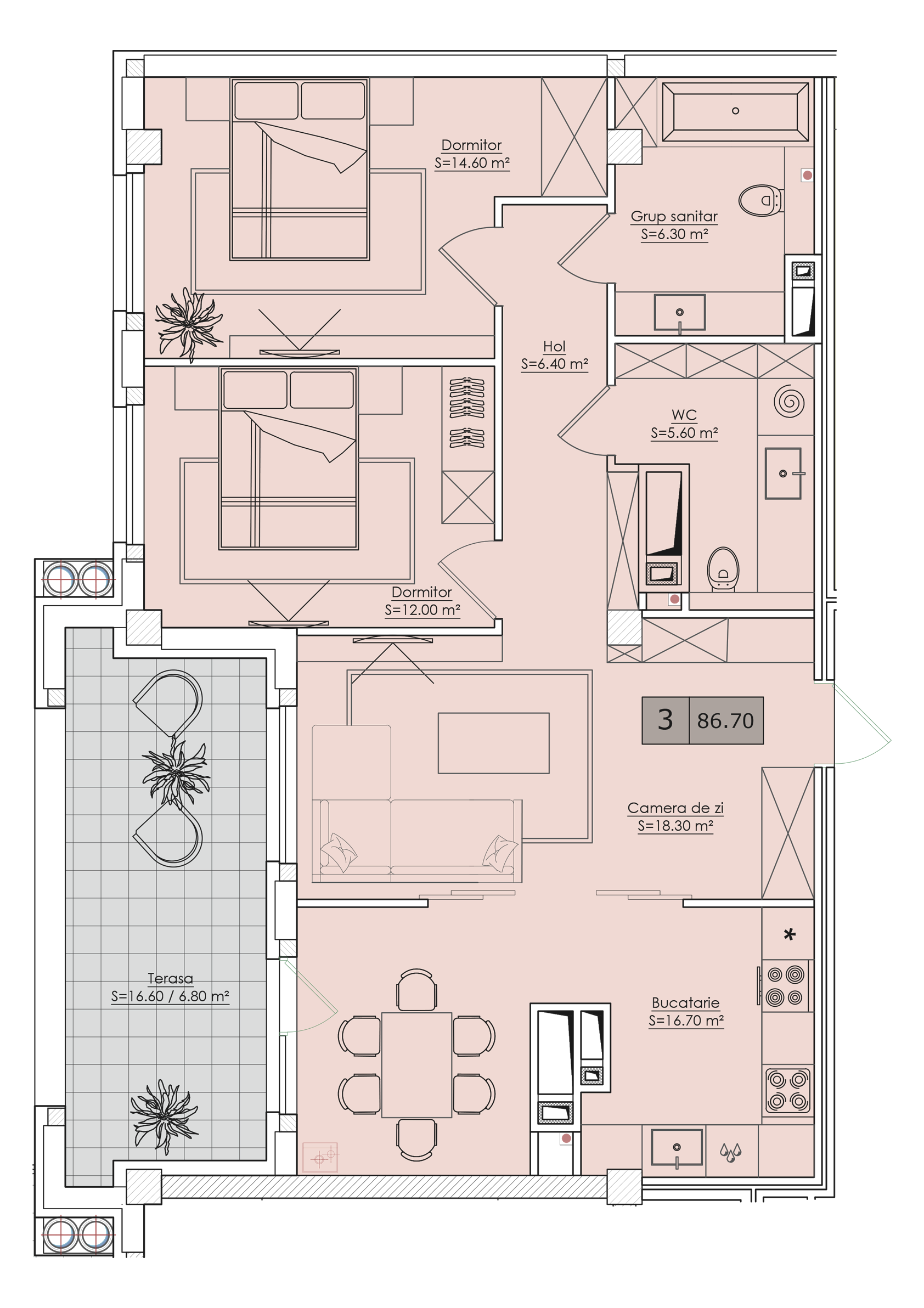 3 camere 87 m²
