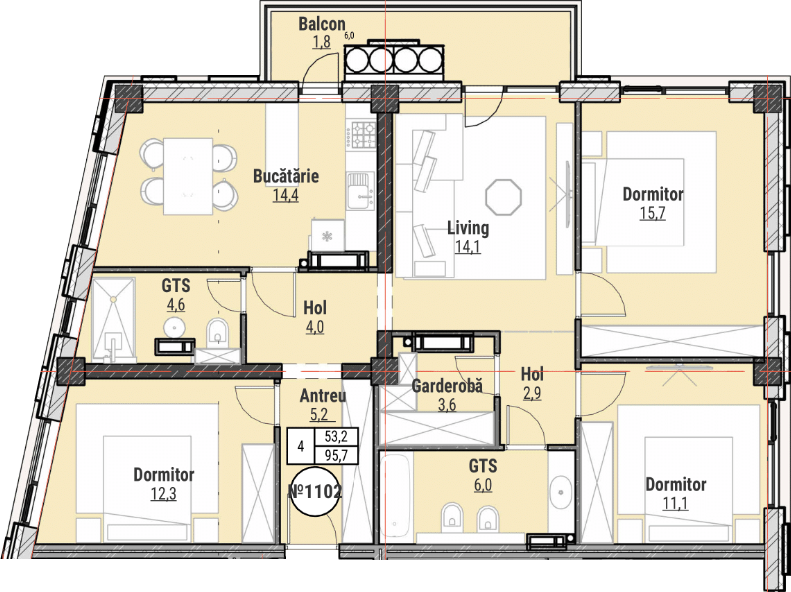 4 camere 96 m²
