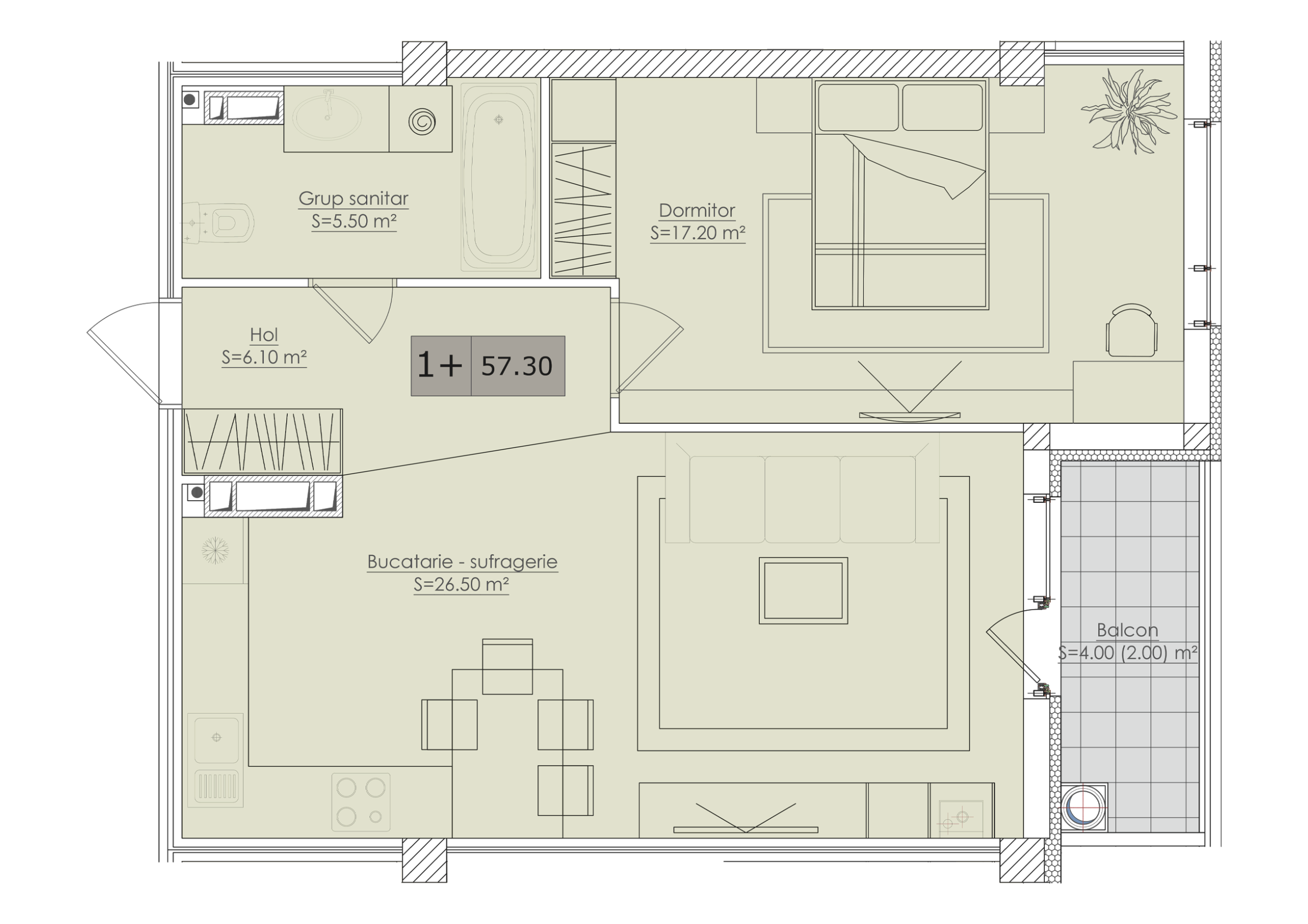 1 cameră 57 m²