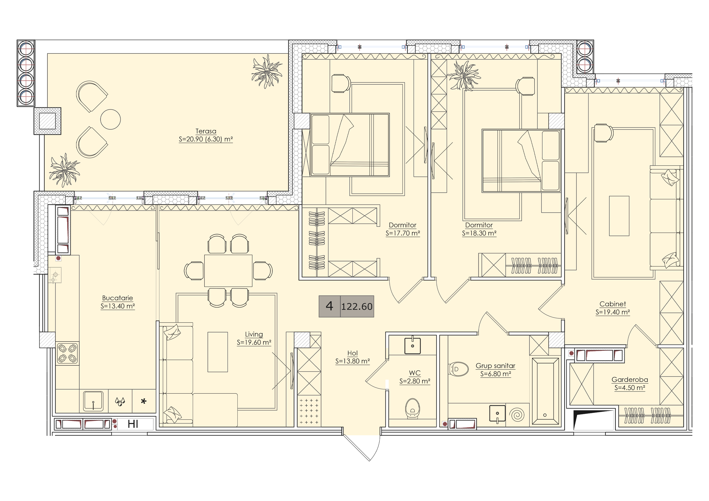4 camere 123 m²