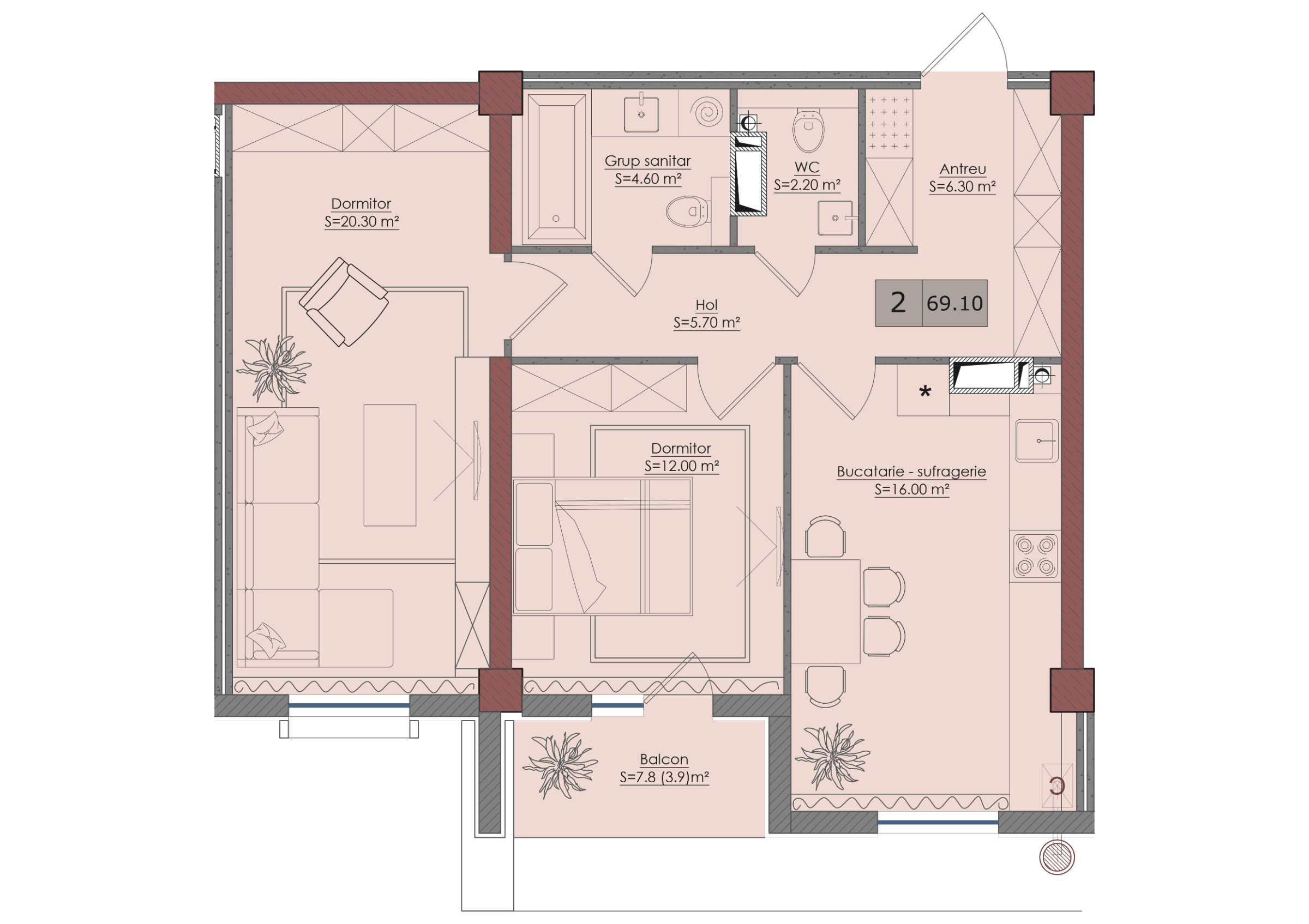 2 camere 70 m²