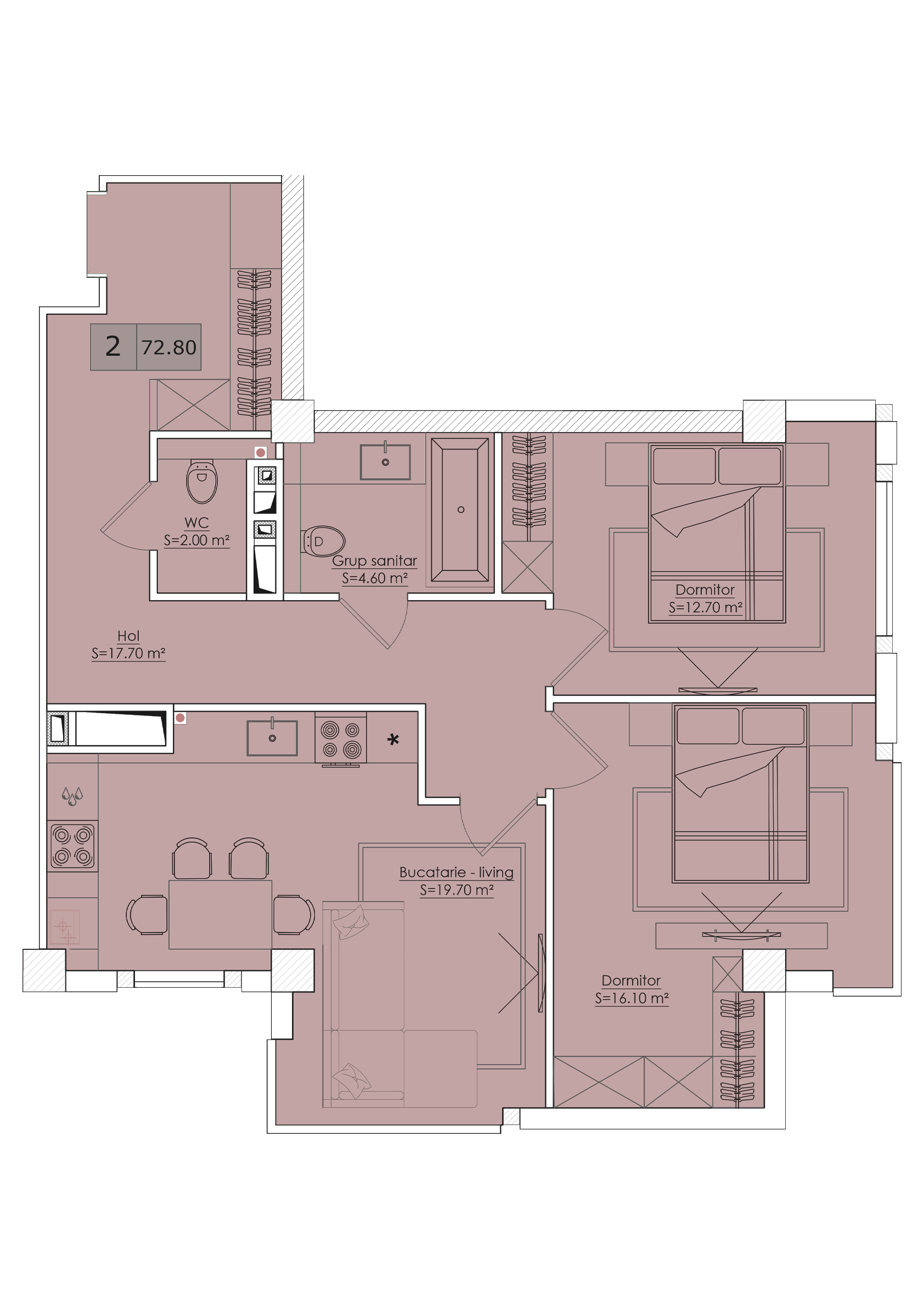 2 camere 73 m²