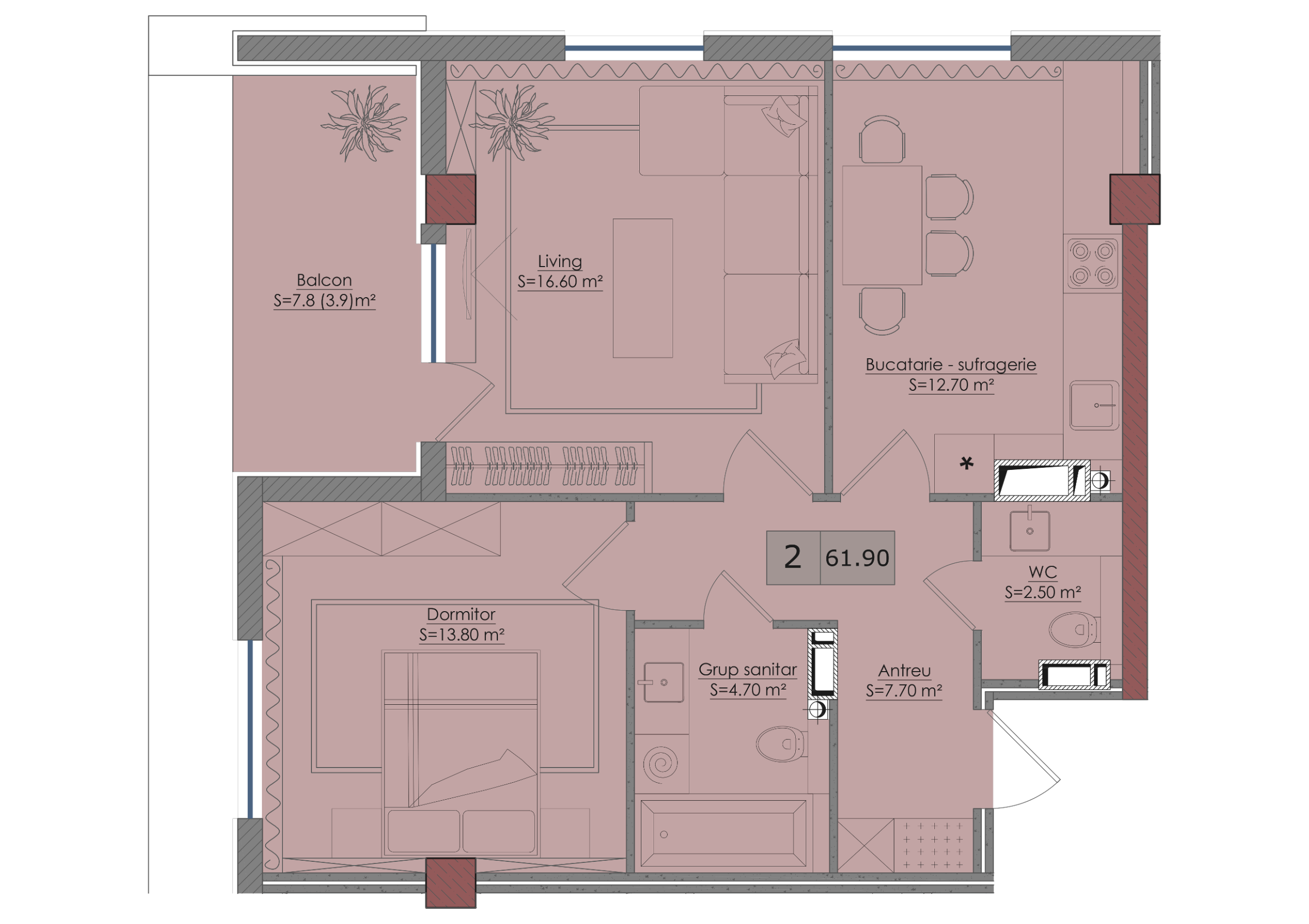 2 camere 62 m²