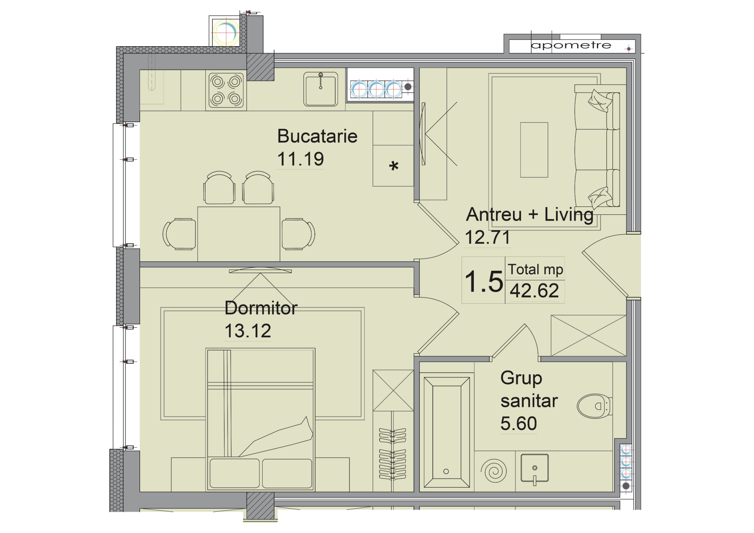 1 cameră 42 m²