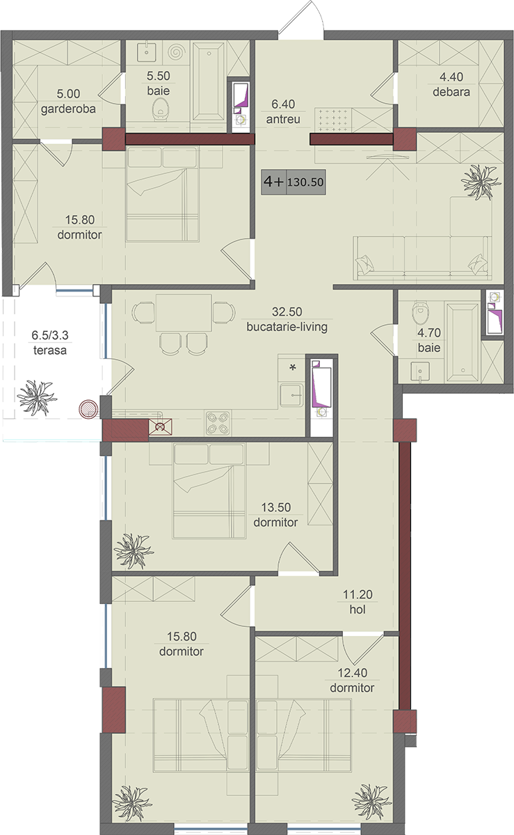 4 camere 129 m²
