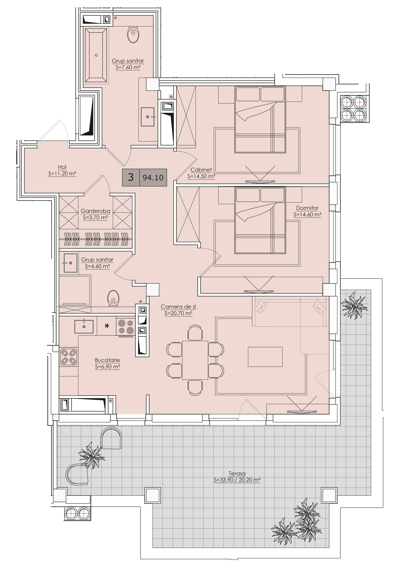3 camere 94 m²