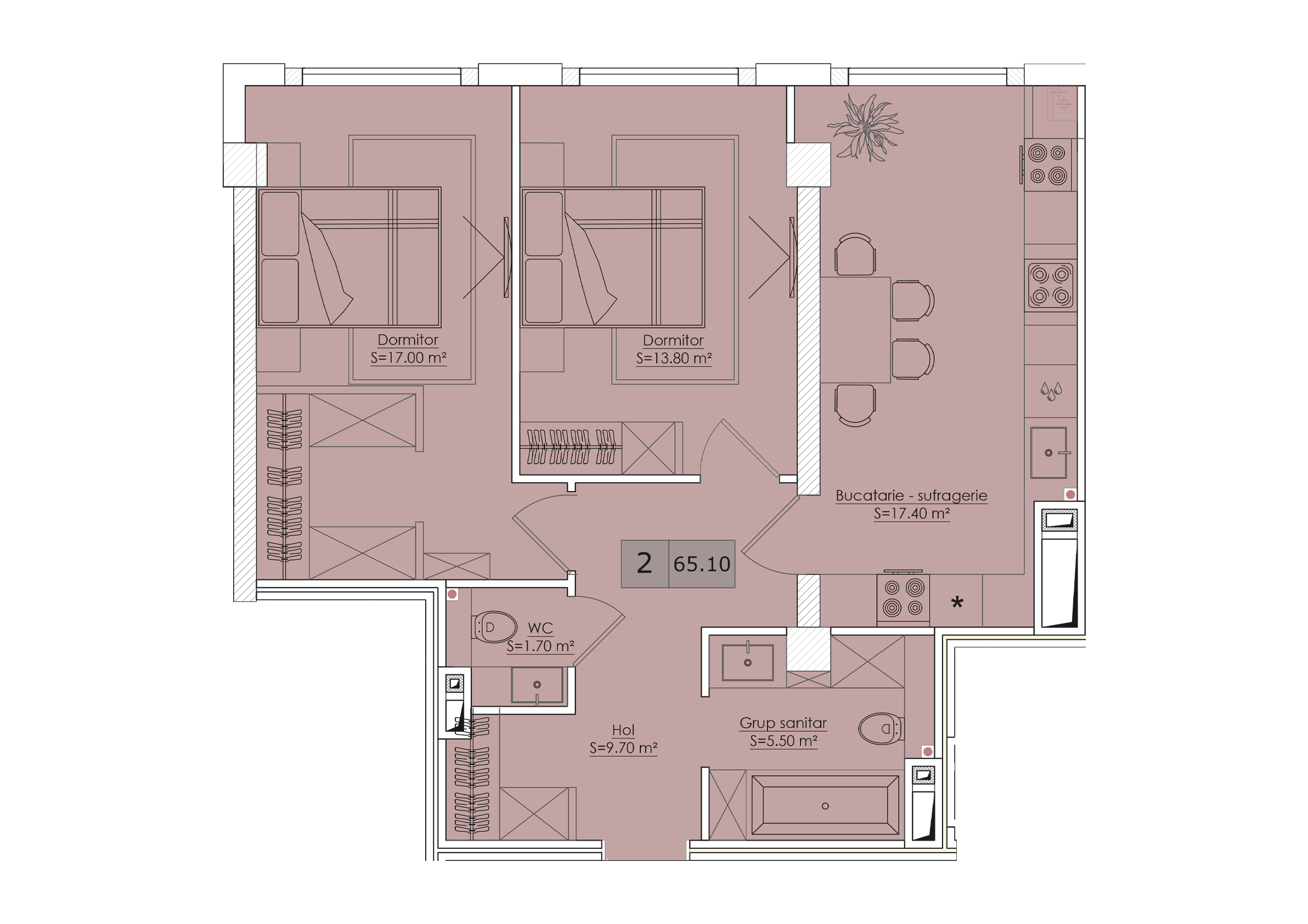 2 camere 65 m²