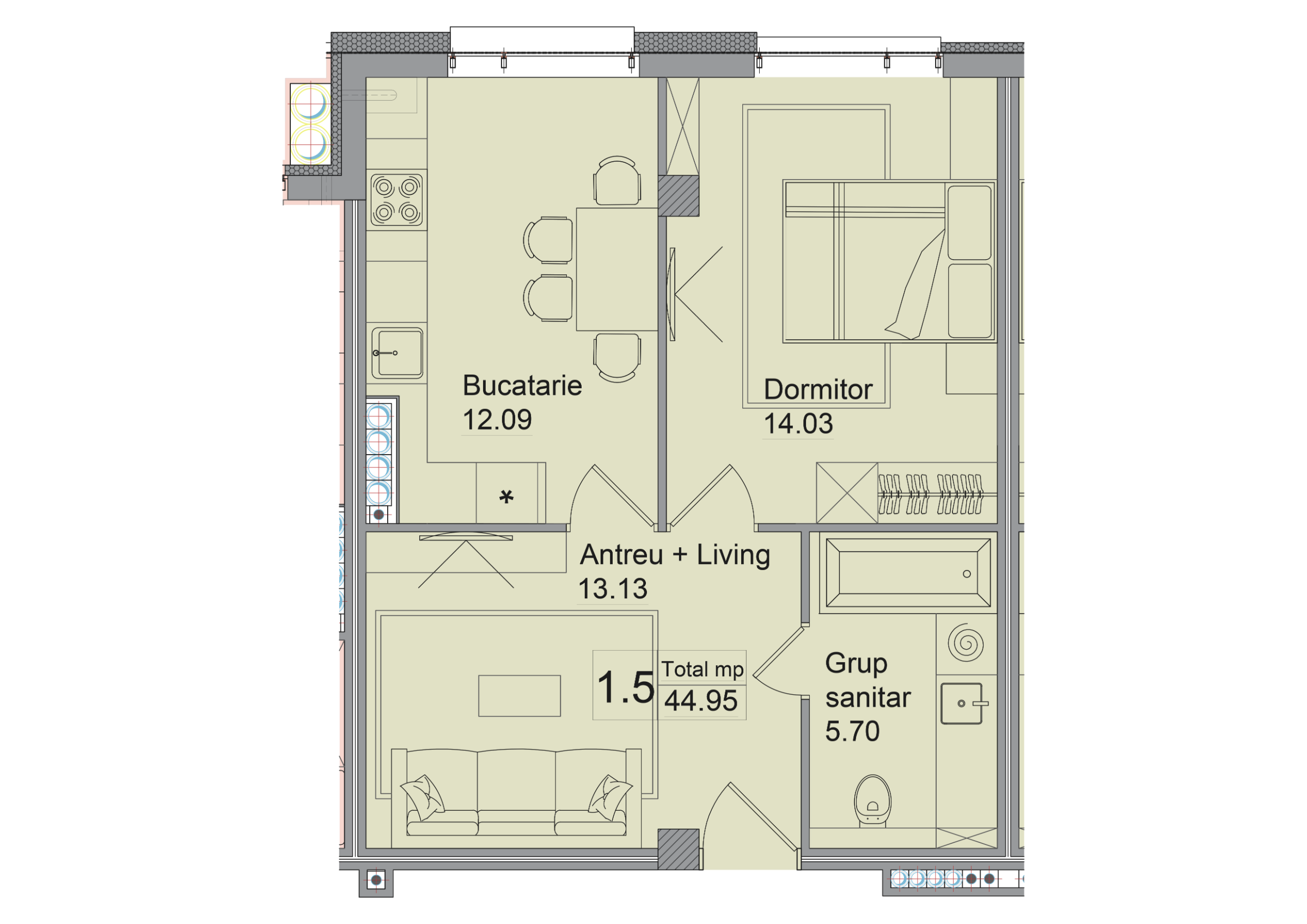 1 cameră 45 m²