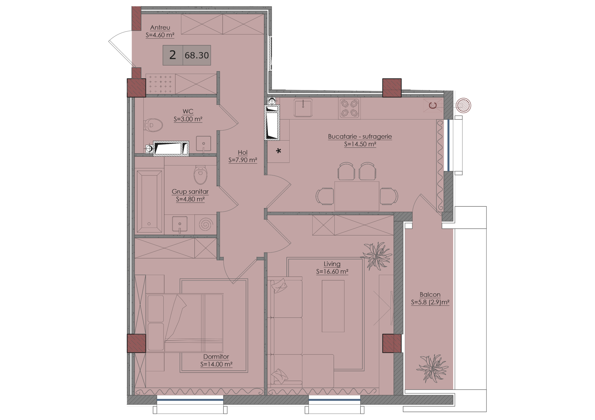 2 camere 69 m²