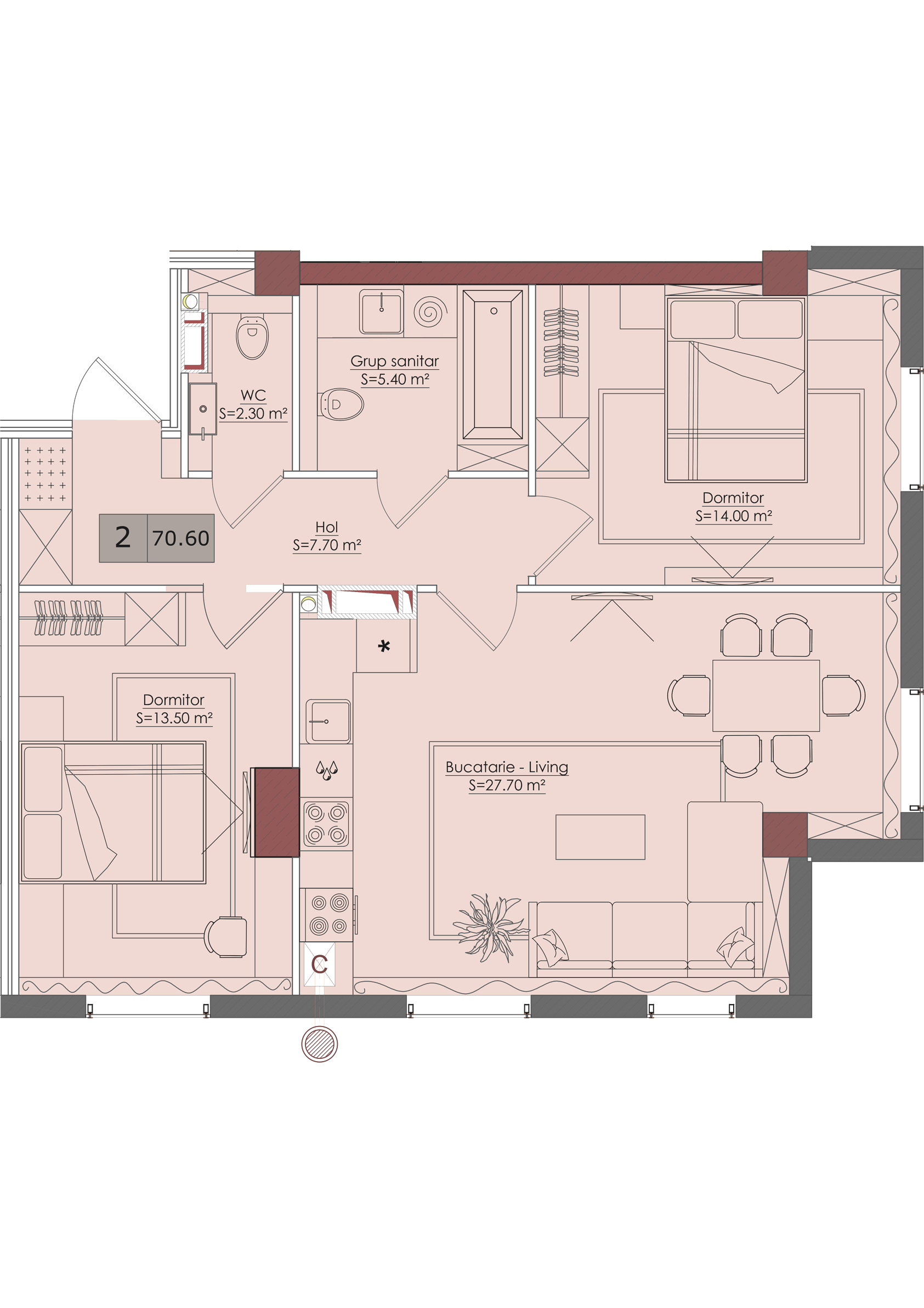 2 camere 70 m²