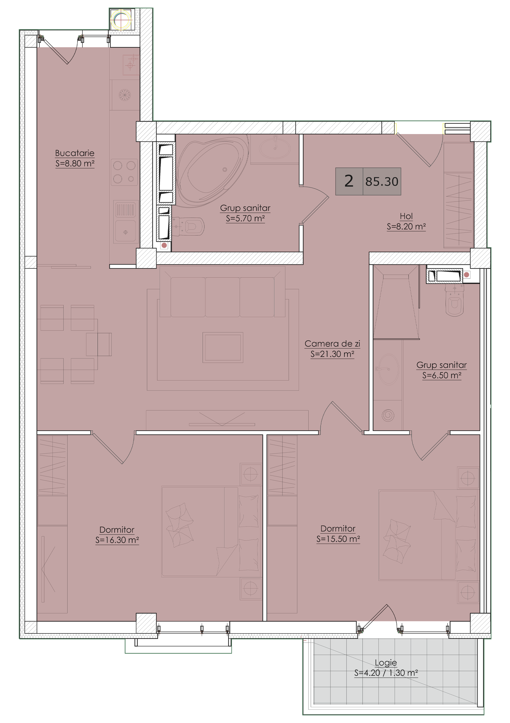 2 camere 85 m²
