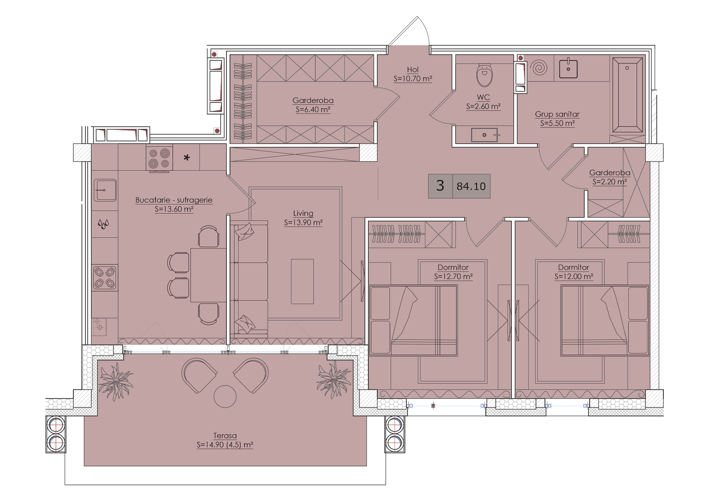 3 camere 84 m²