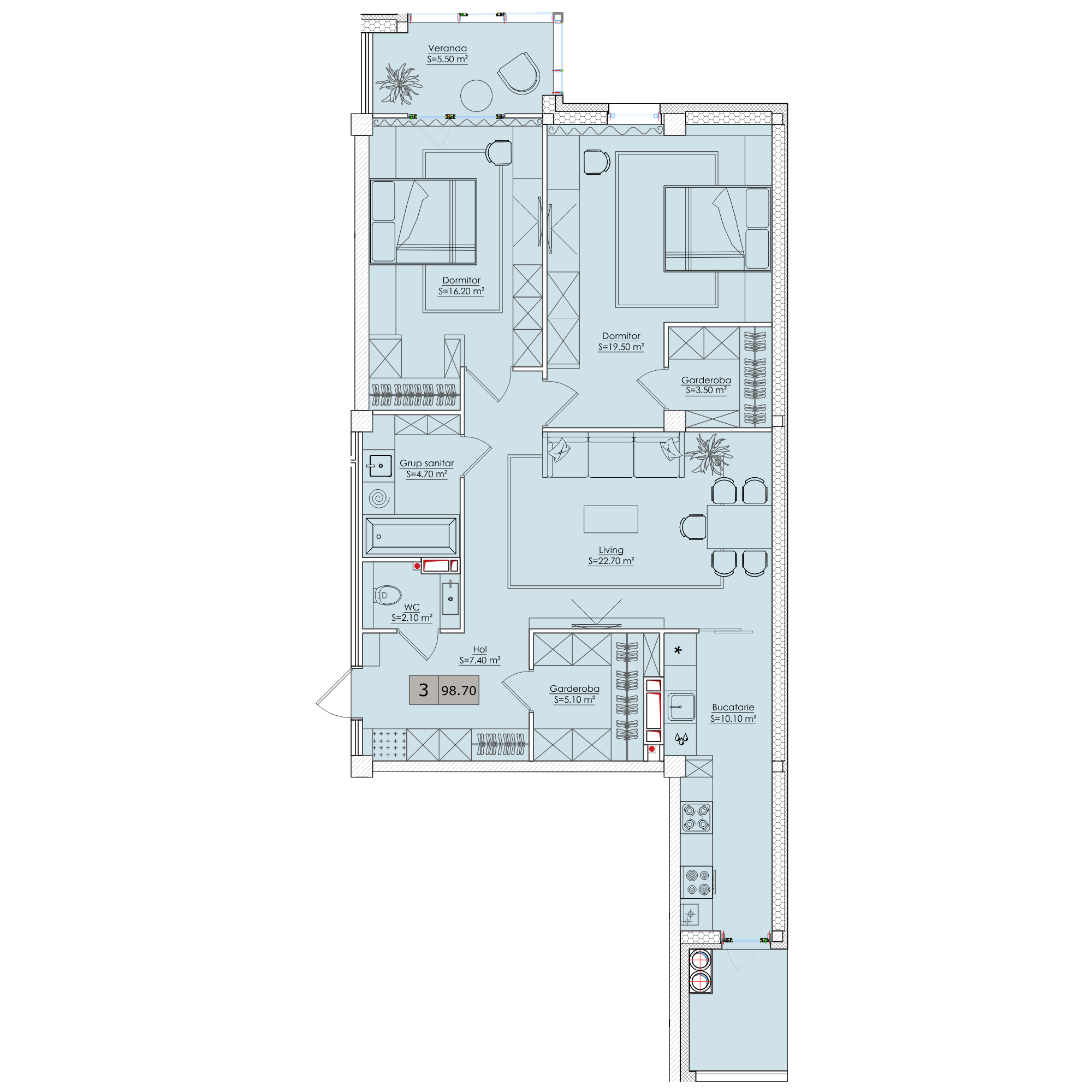 3 camere 99 m²