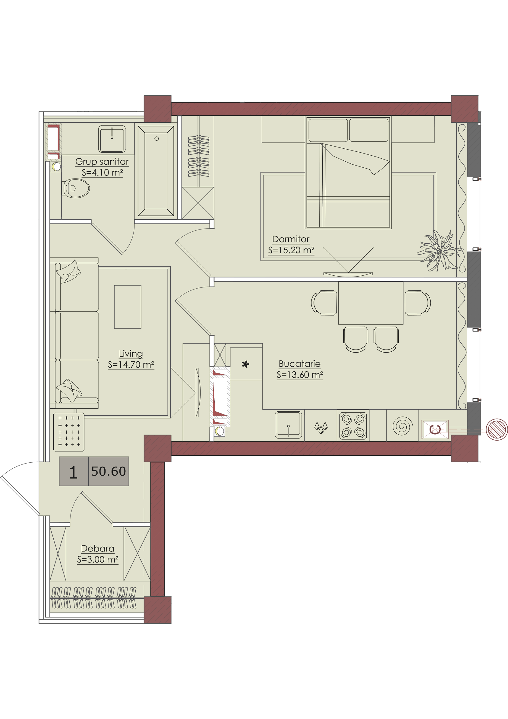 1 cameră 51 m²