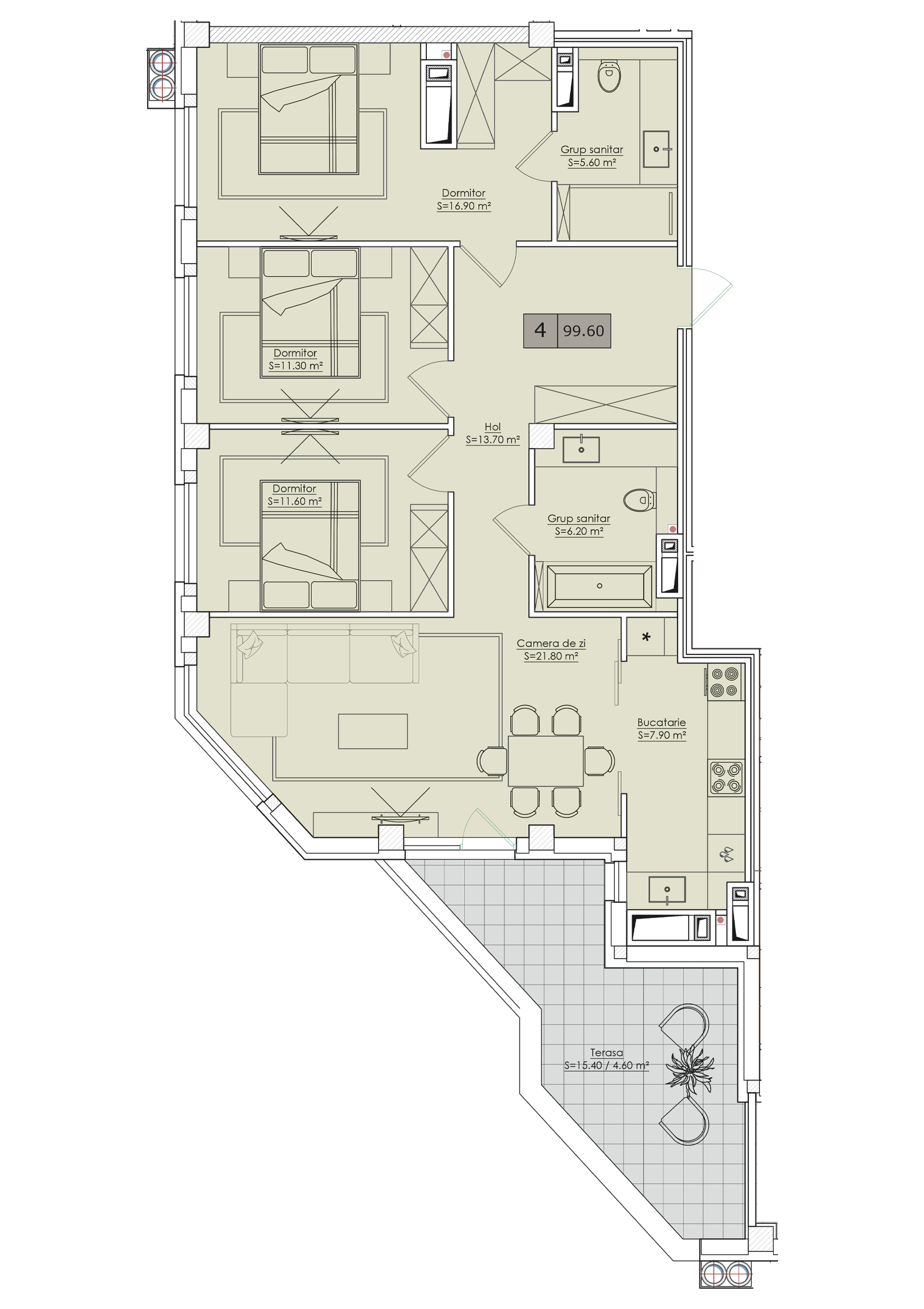 4 camere 99 m²
