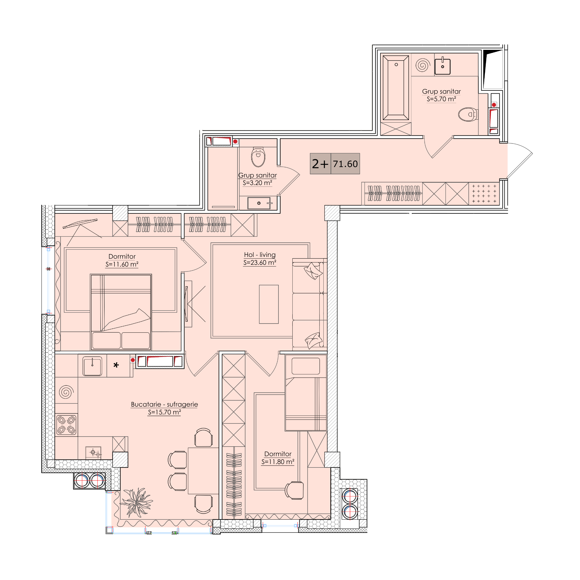 2 camere 72 m²