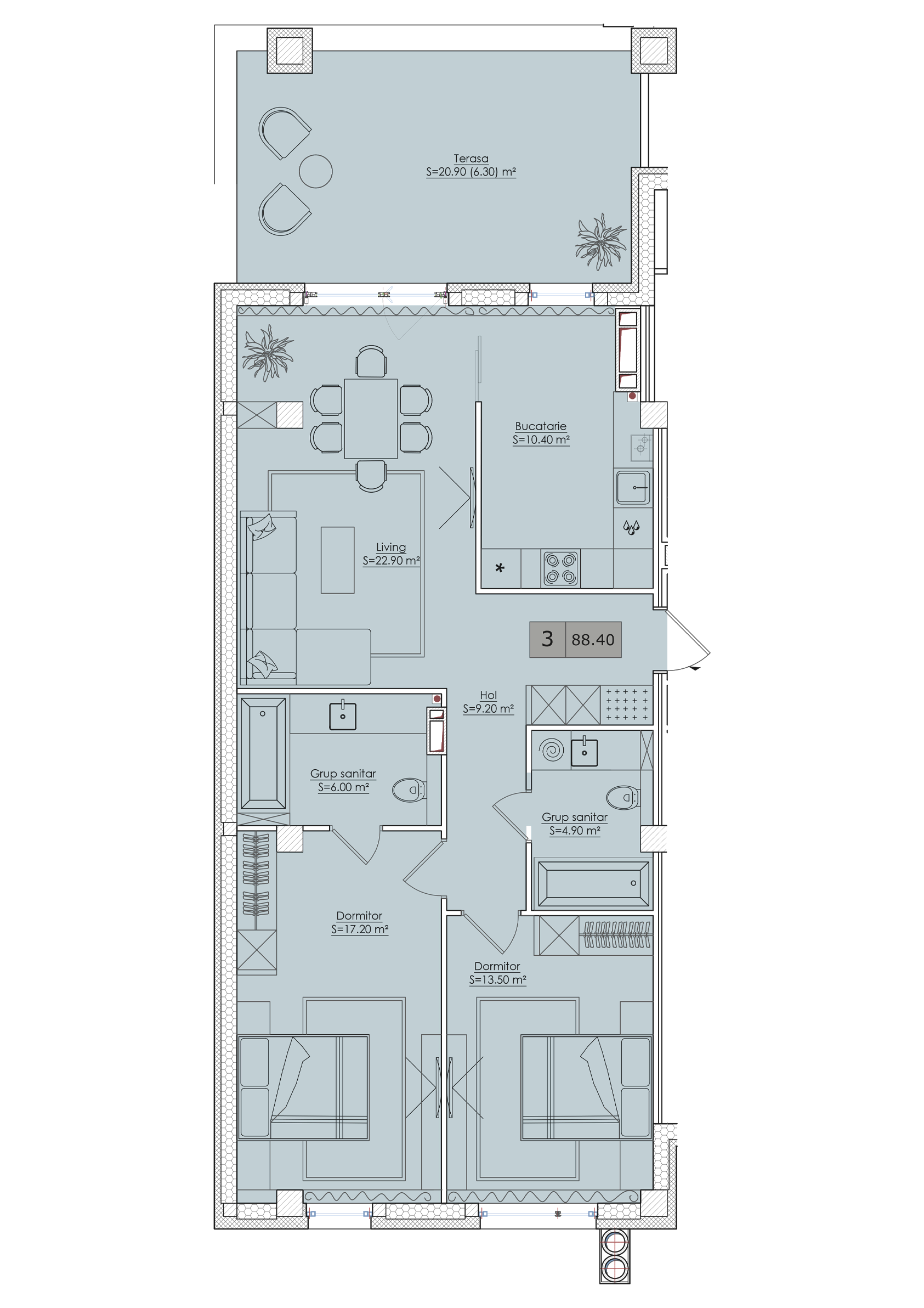 3 camere 89 m²
