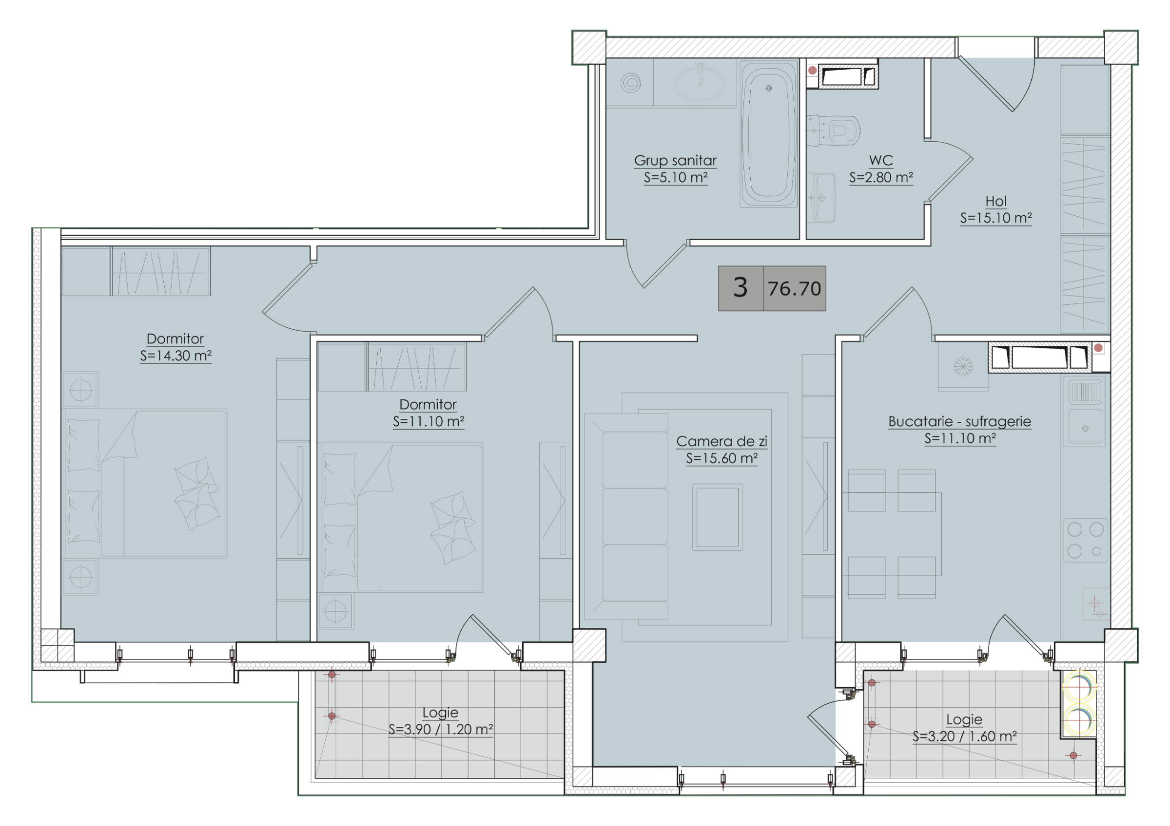 3 camere 77 m²