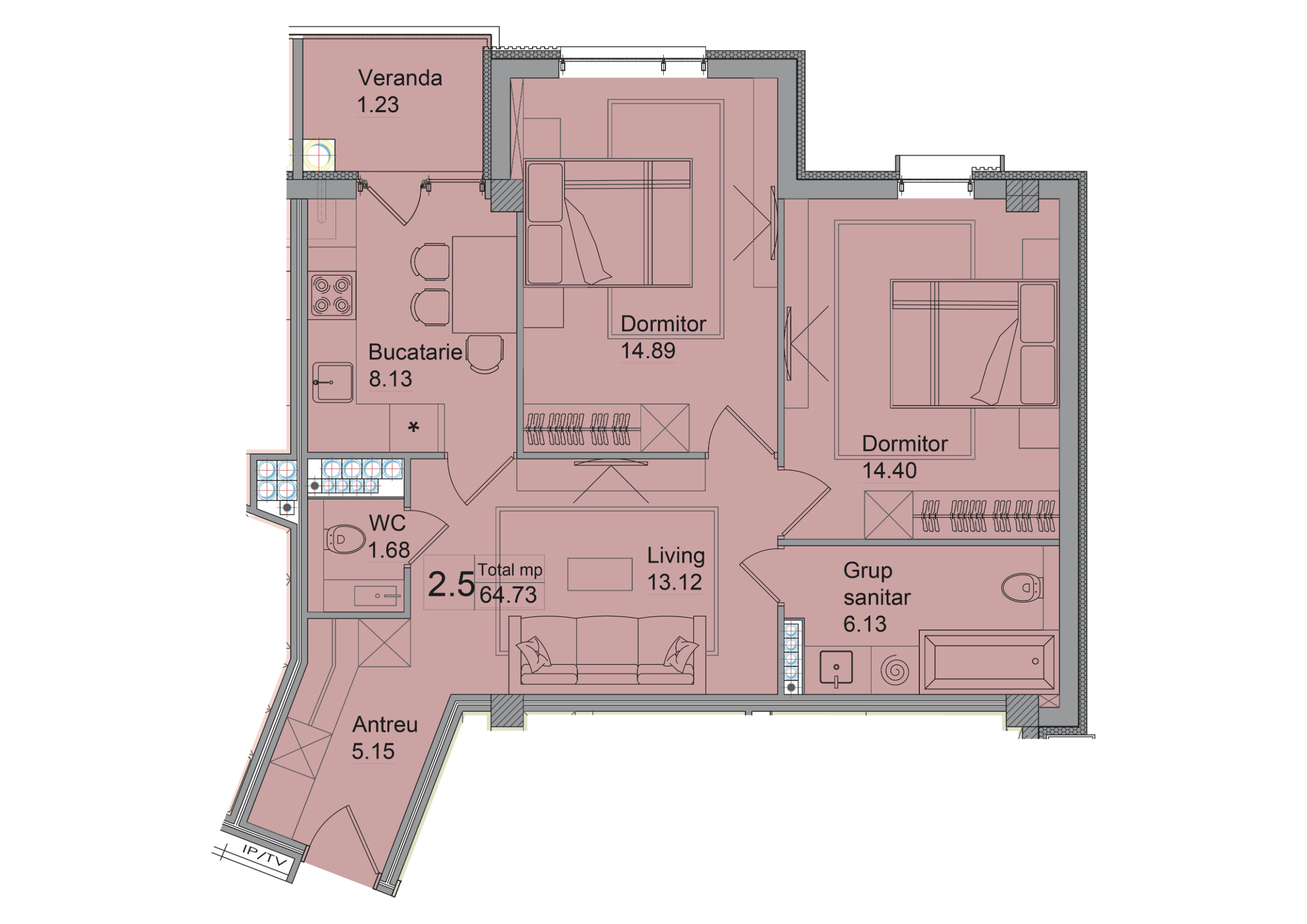 3 camere 68 m²