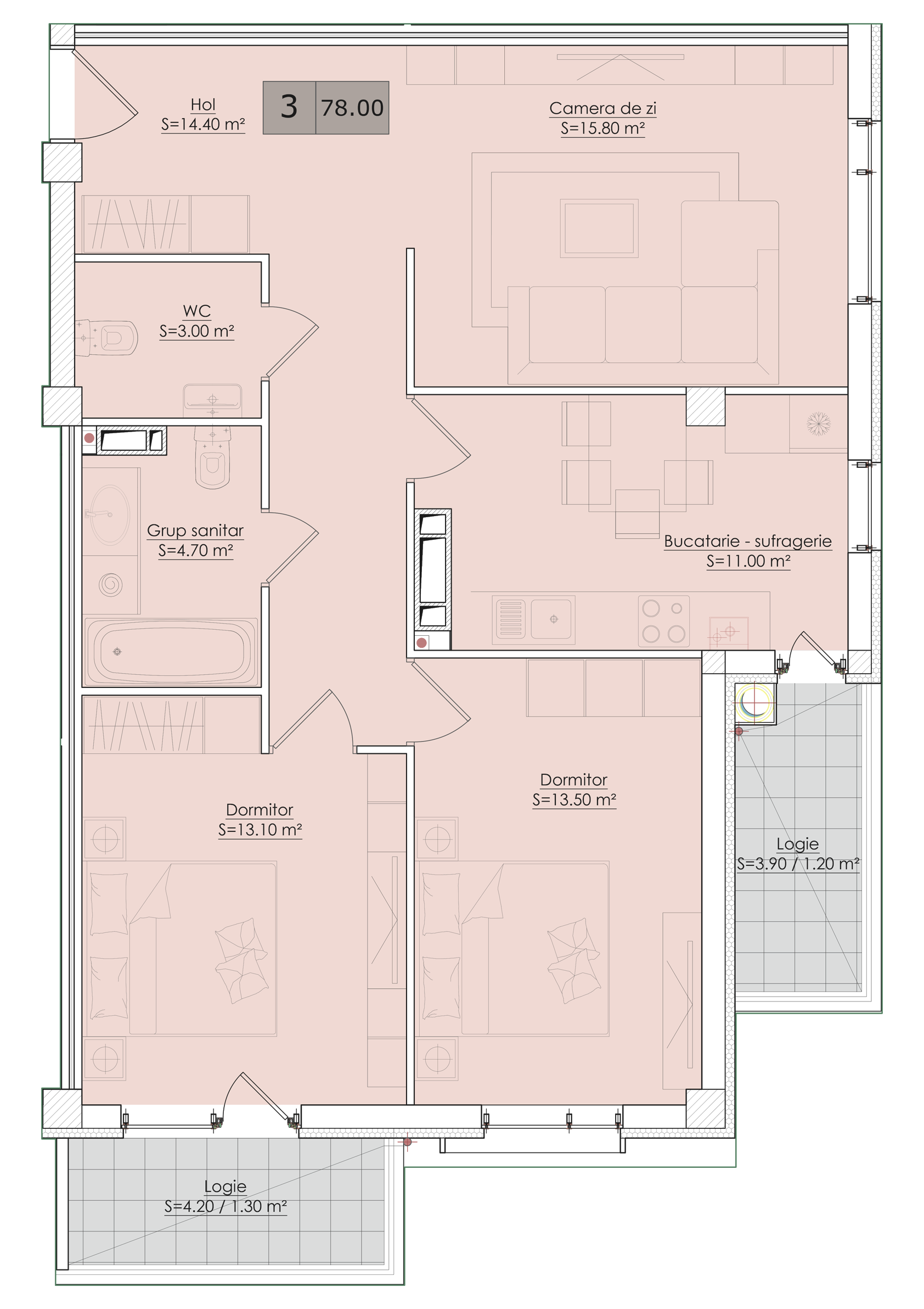 3 camere 78 m²