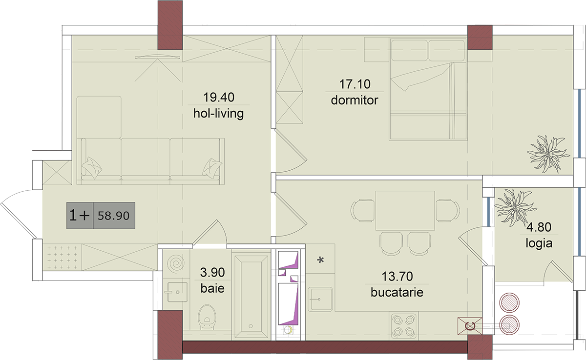 1 cameră 56 m²