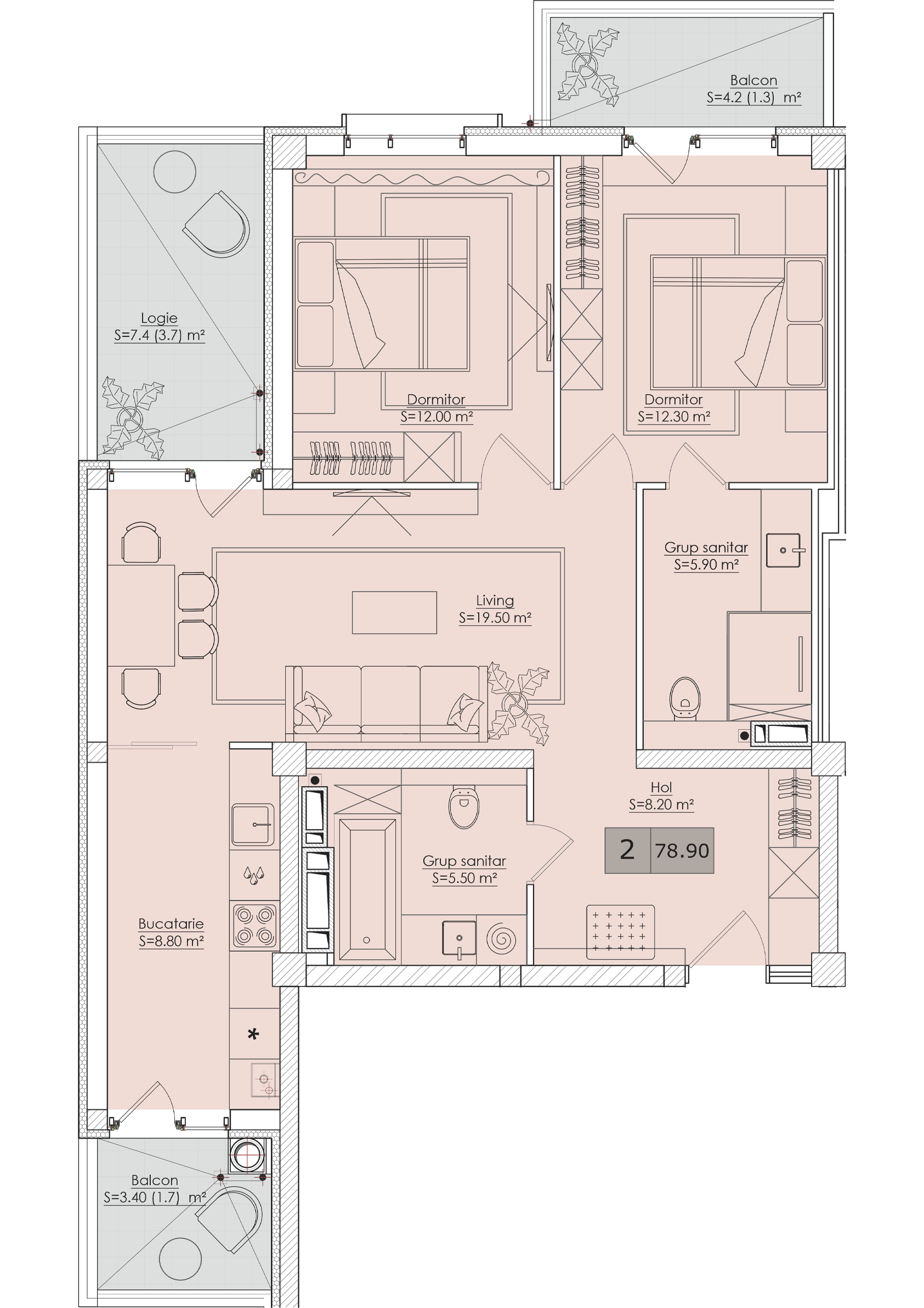 2 camere 79 m²
