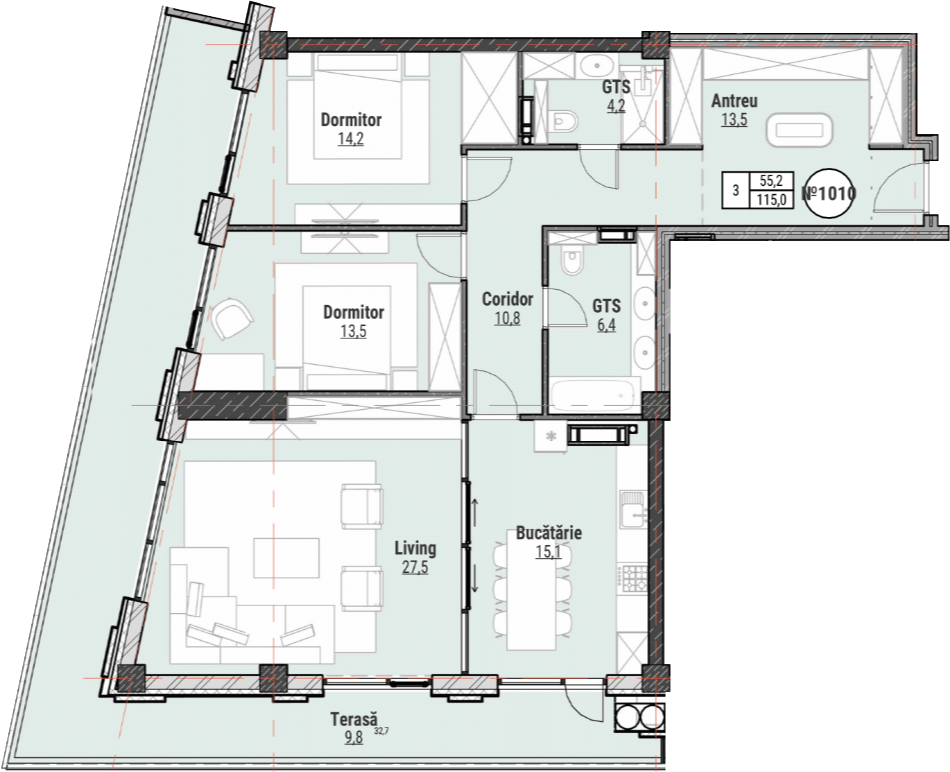 3 camere 115 m²