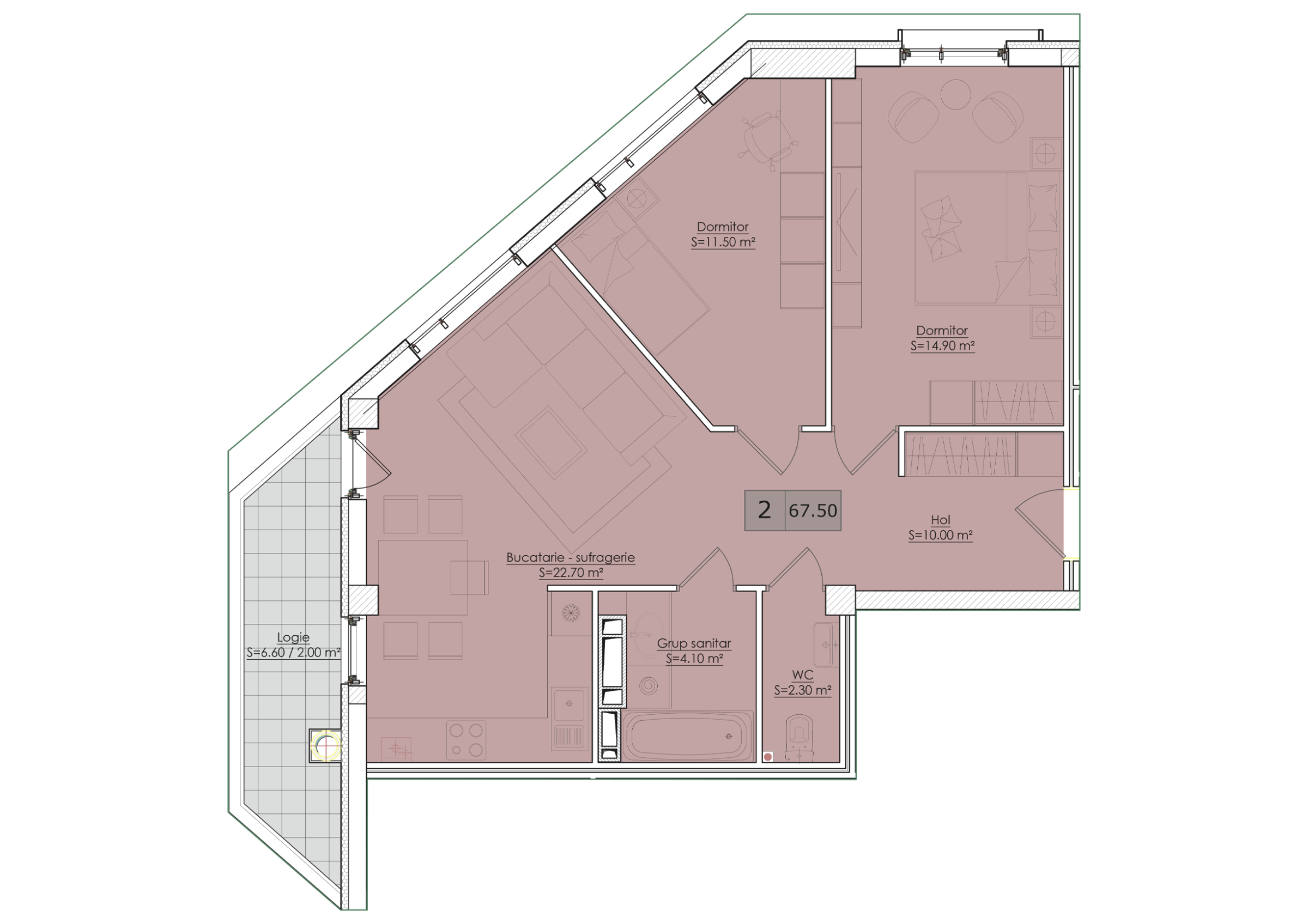 2 camere 68 m²