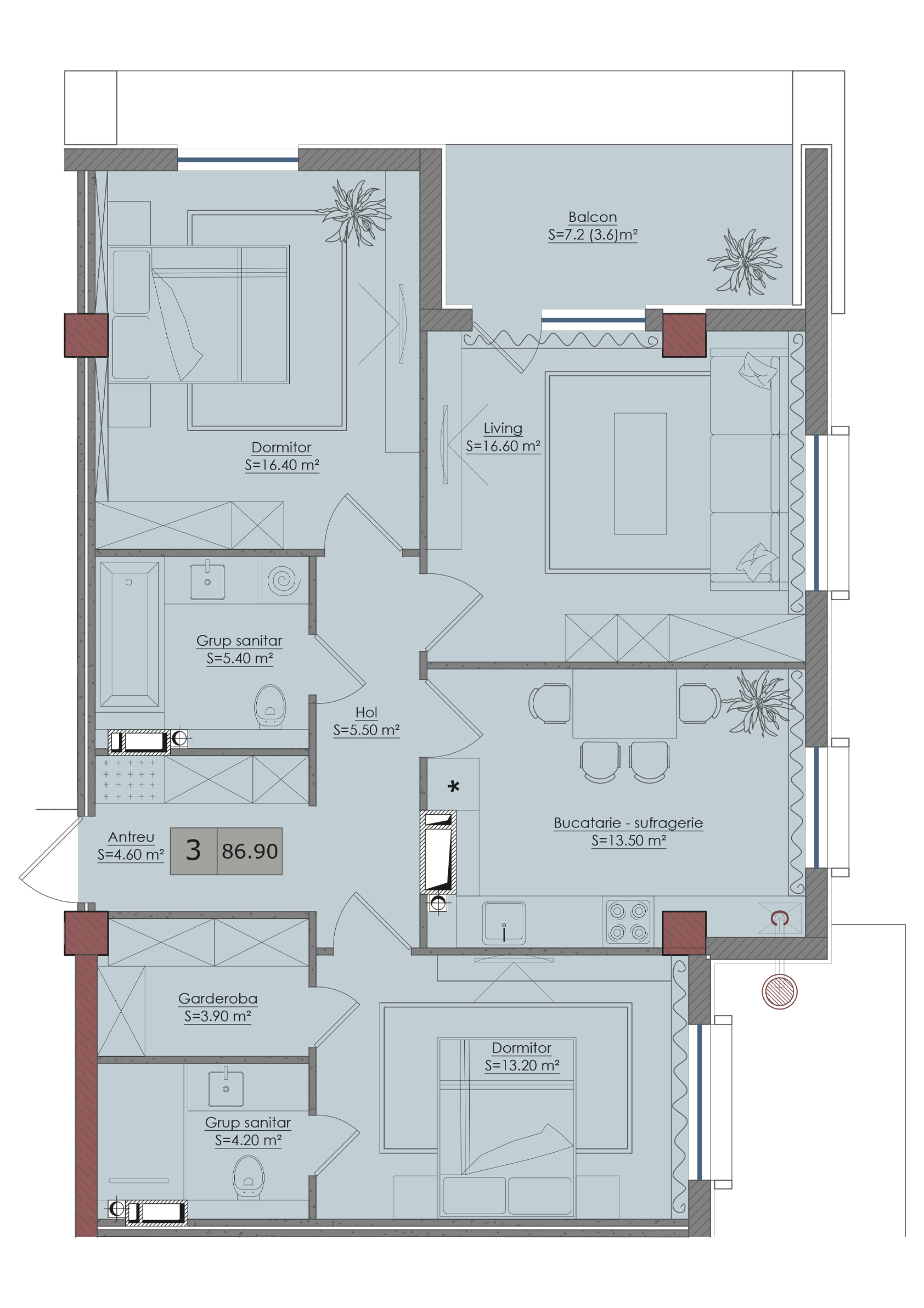 3 camere 87 m²