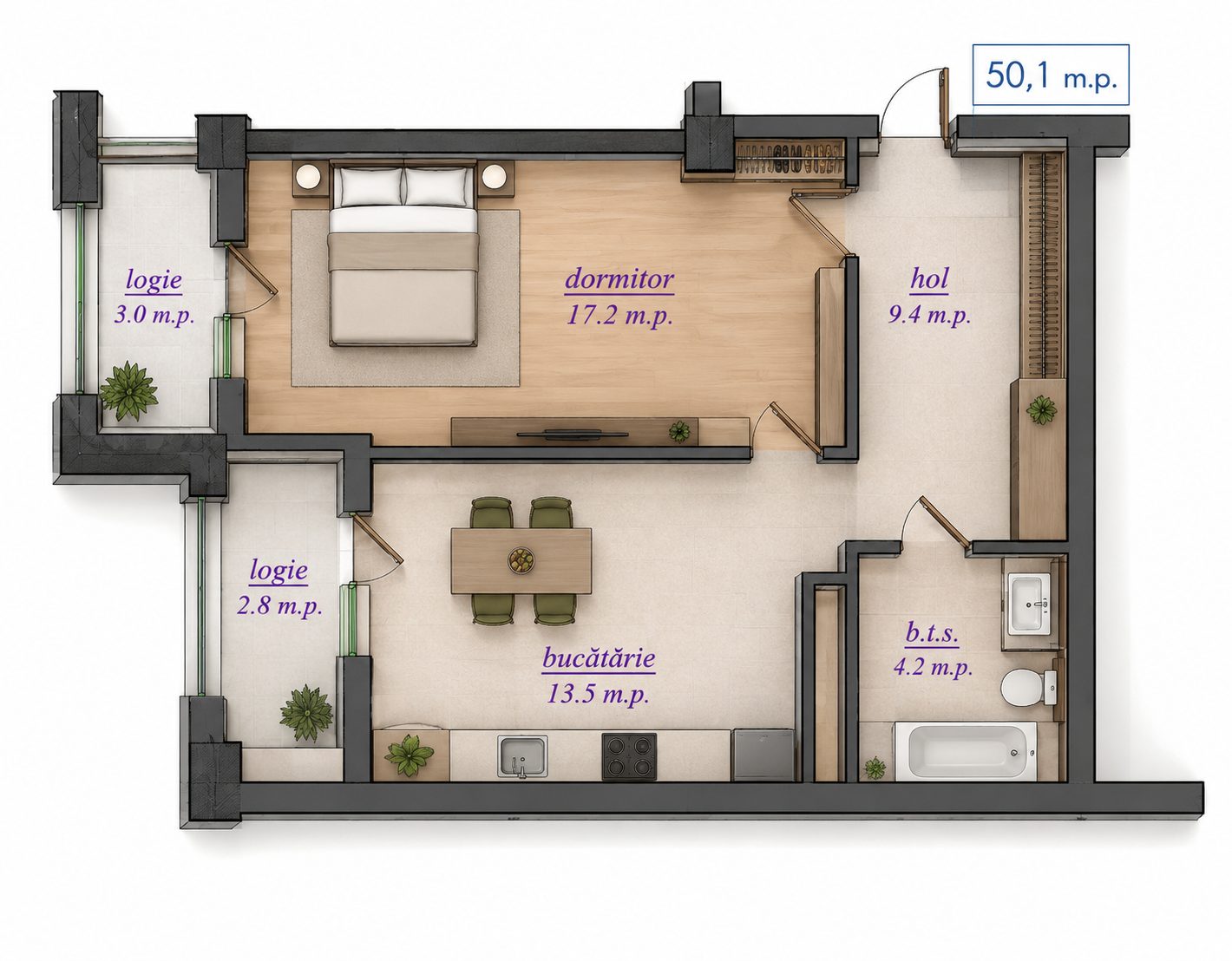 Apartament cu 1 cameră, 50 m², Durlești