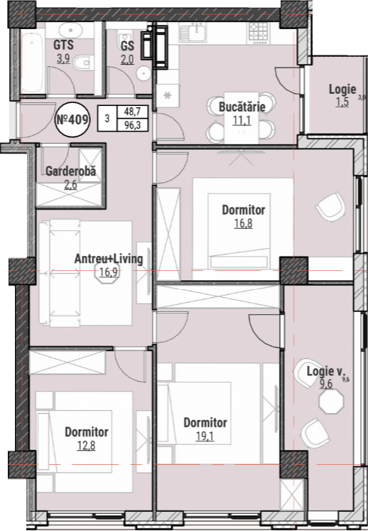 3 camere 93 m²